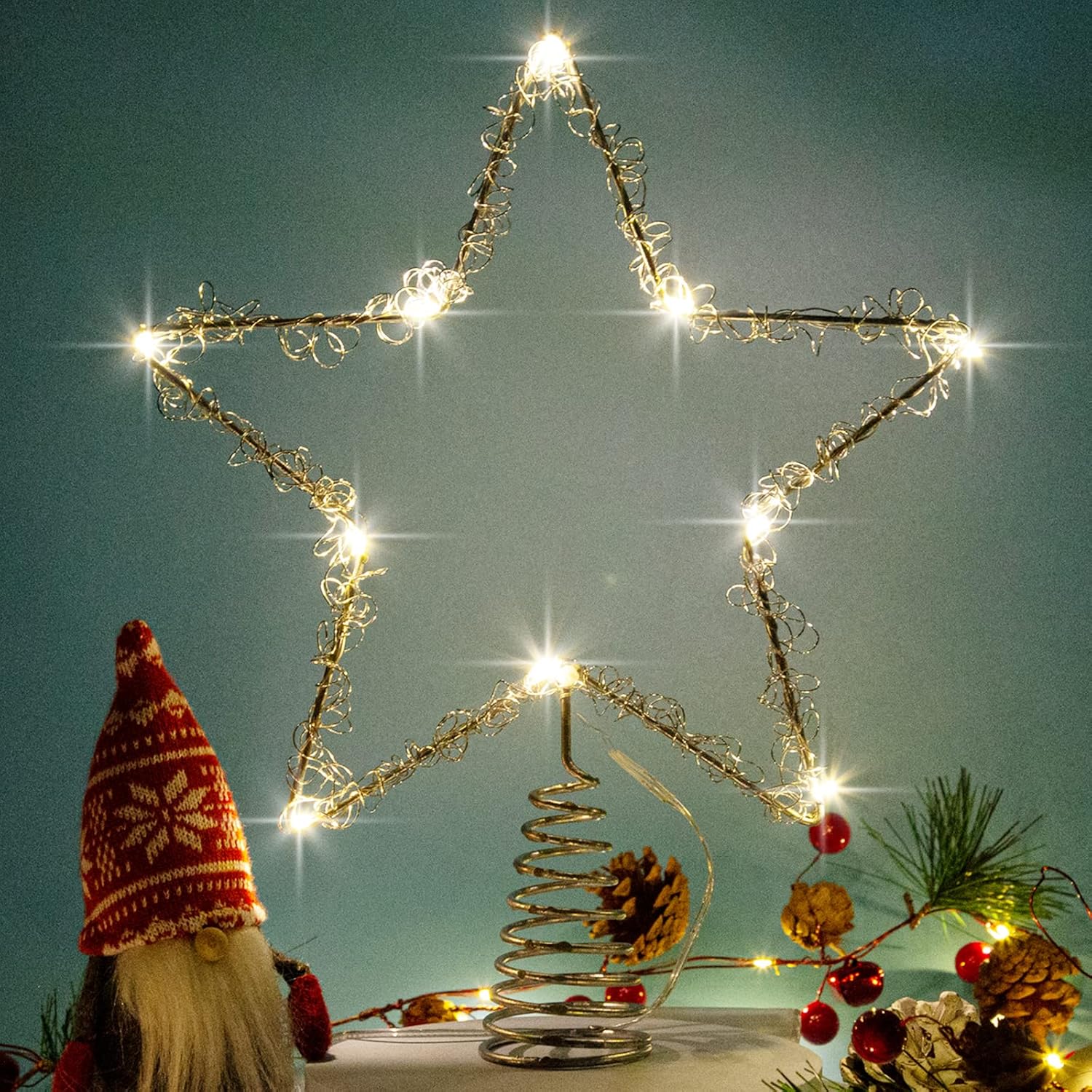 Christmas Tree Topper Star 10 Inch Silver Single Five-Pointed Star with Timer Decoration for Xmas Home Festive Party, Fit for General Size Xmas Tree