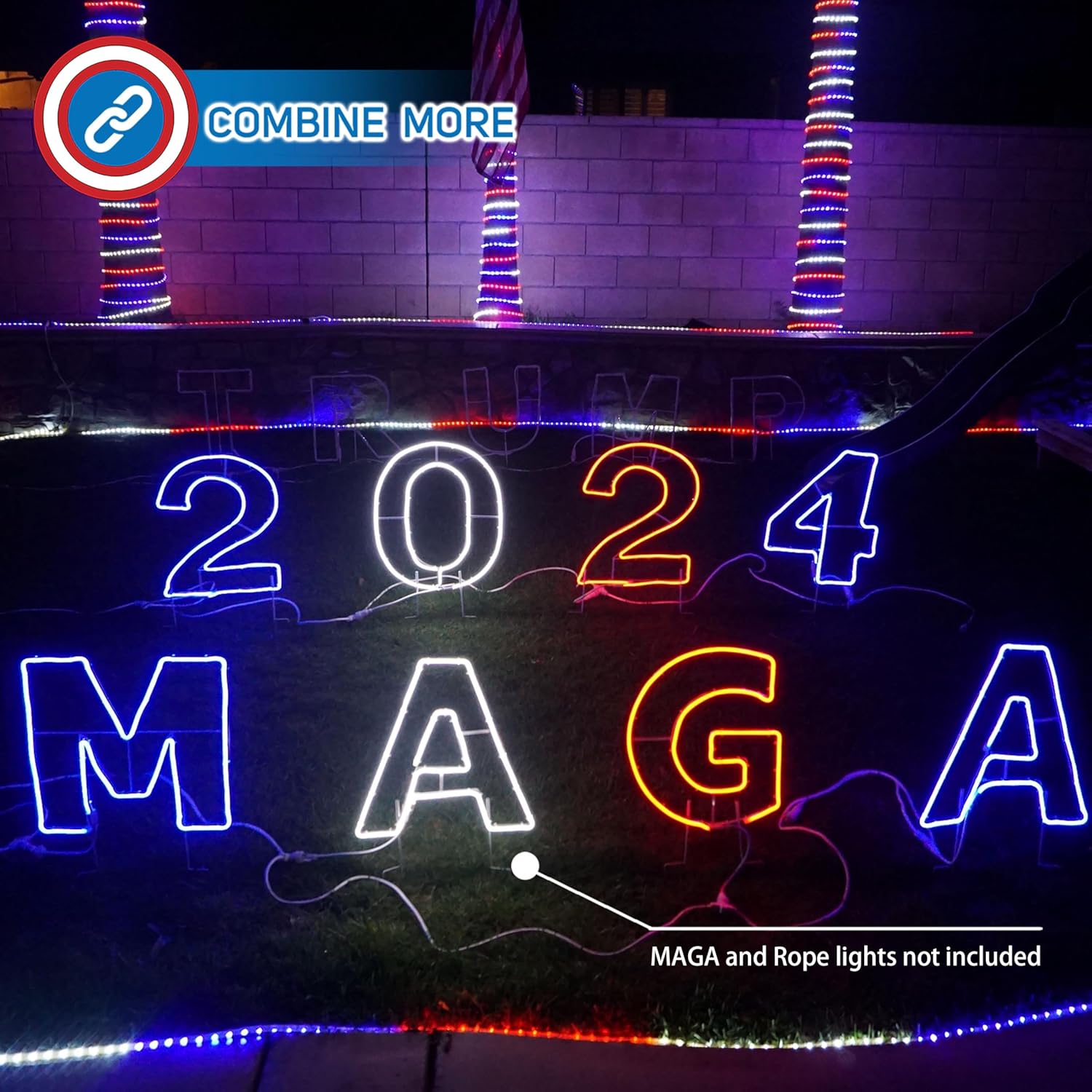 Russell Decor President Donald Trump Won 2024 Yard Sign Lawn Signage Lights with 10-Levels of dimmable Control (80'' x 20'', Red White Blue)