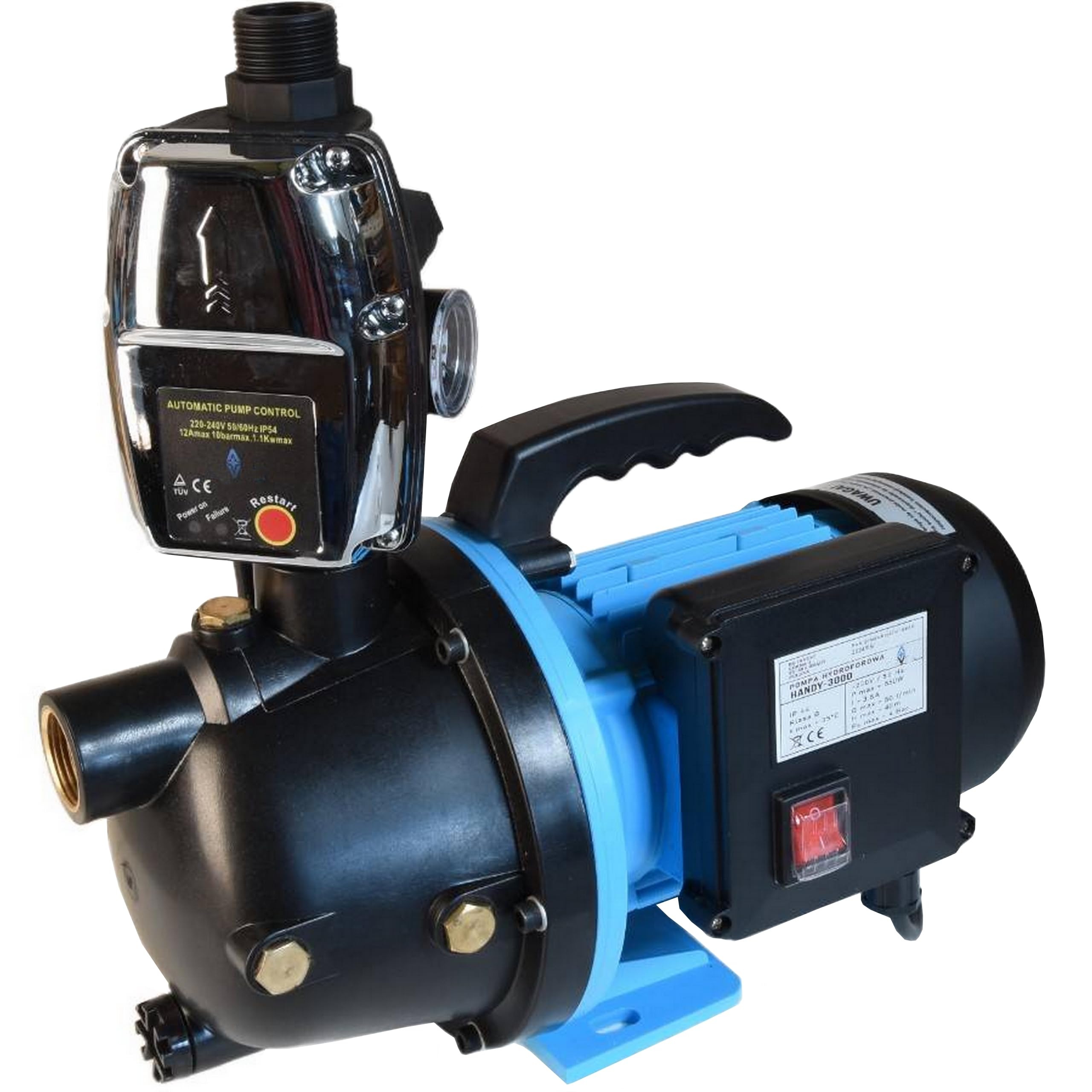 Wasserpumpe HANDY 3000 mit Elektronische Druckschalter CSK 5 - Pumpensteuerung - Gartenpumpe Tragbare - (550W 3000l/h Förderhöhe 40m) - Trockenlaufschutz - Hauswasserautomat - für Bewässerung Garten