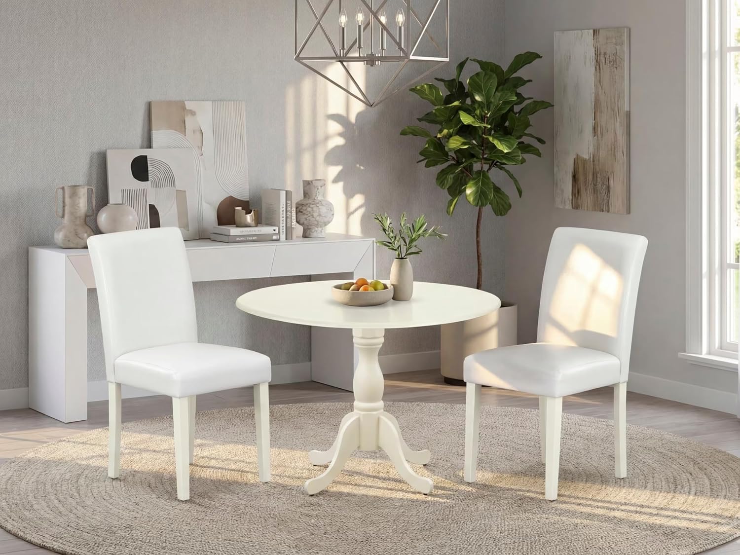 East West Furniture DMAB3-LWH-64 3 Piece Dining Set Contains a Round Dining Room Table with Dropleaf and 2 White Faux Leather Upholstered Parson Chairs, 42x42 Inch, Linen White