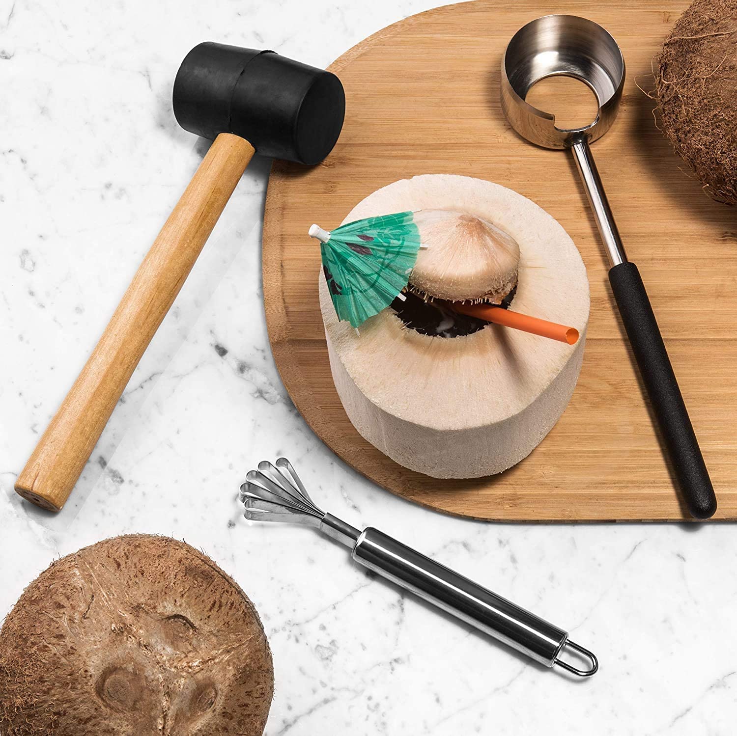 Outil d'ouverture de noix de coco, kit de tire-bouchon de noix de coco en acier inoxydable pour jeune kit de tire-bouchon de cacao de noix de coco, poinçon de trou de noix de coco, marteau en caoutc