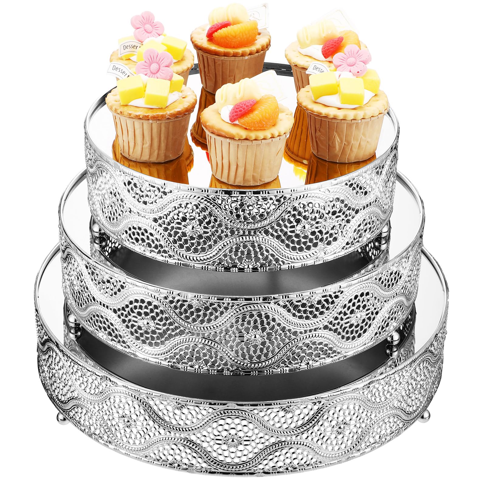 Skylety Set of 3 Round Cake Stand Wedding 10'' 12'' 14'' Metal Elegant Dessert Display Stand Glossy Mirror Metallic Wedding Dessert Cupcake Cookies Holder for Party Event Birthday(Silver)