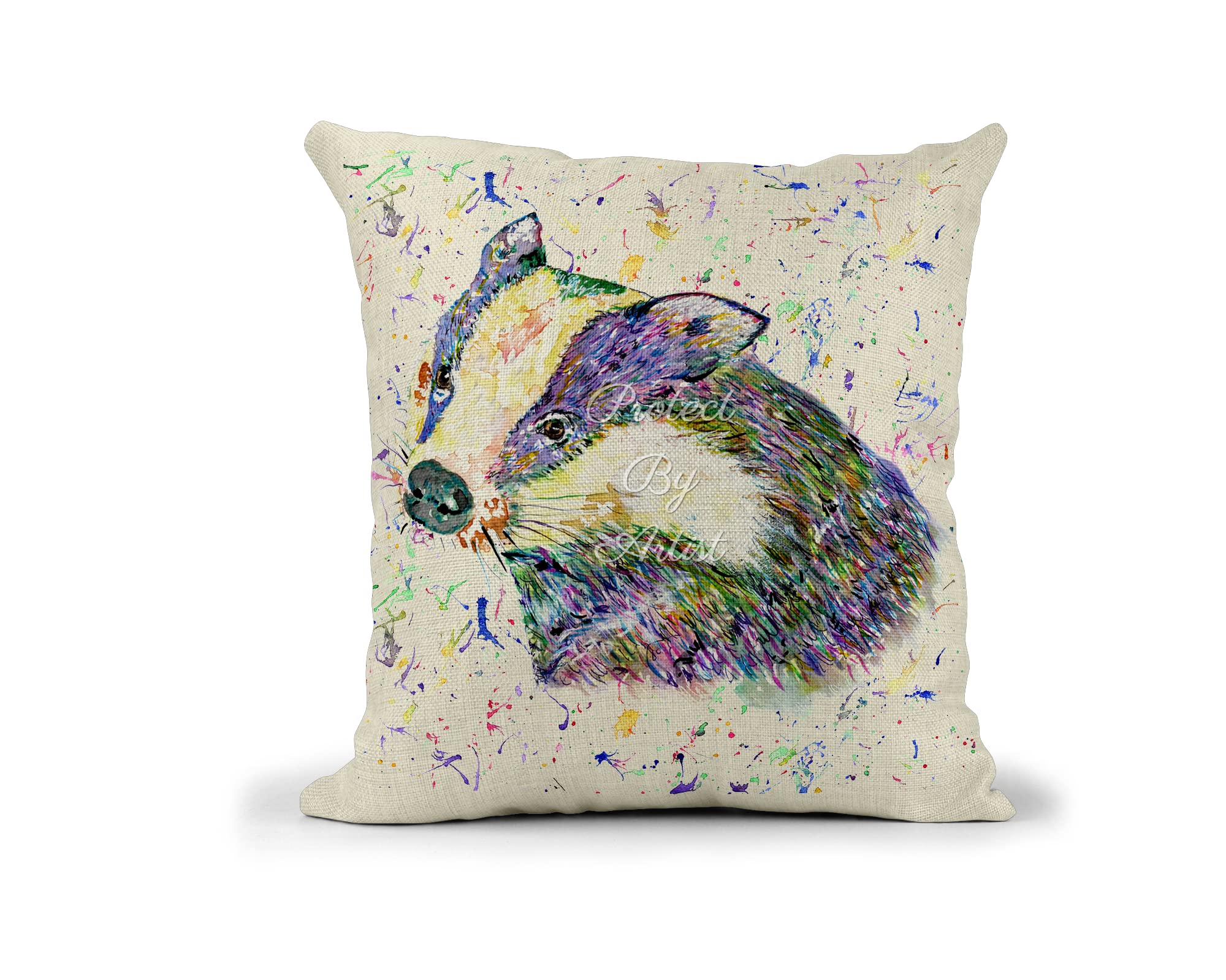 Vixar Badger Watercolour British Wildlife Rainbow Art Animals Linnen Cushion With Filling Or Cover Only, 40X40cm, Gift, Christmas, Birthday (Cover Only)