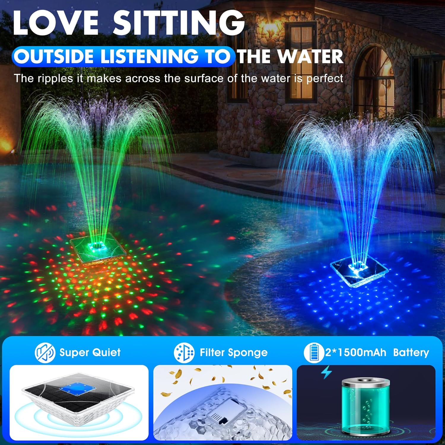Upgraded Solar Fountain with Light Show,Large Solar Pool Fountain with Anchor,Square Floating Pool Fountains for Inground Above Ground Pool,Solar Water Fountains Pump for Pool-Dark Blue,1PC