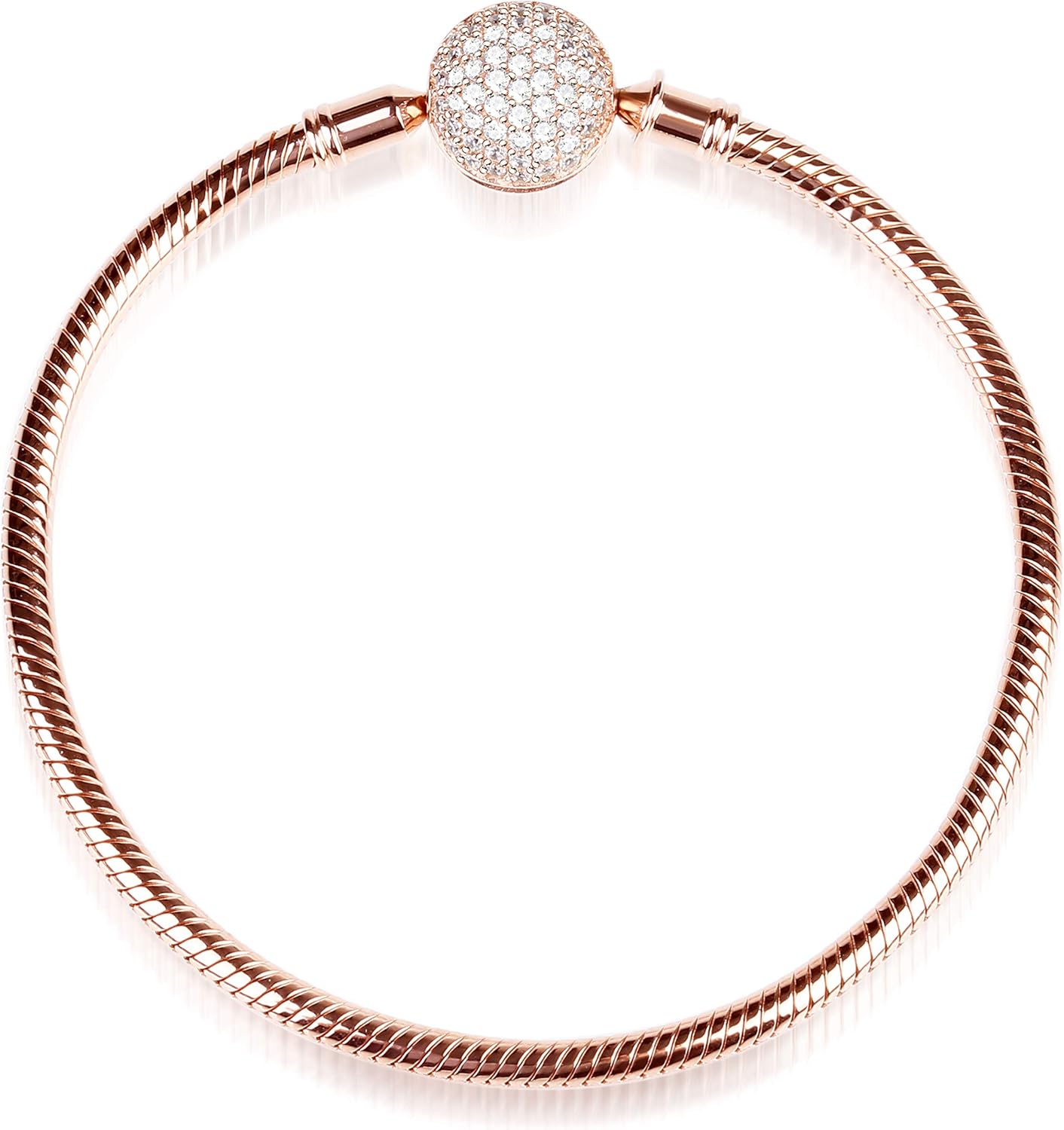 GNOCE Charm Bracelet Sterling Silver Rose Gold Plated DIY Snake Chain Endearing Gifts for Her Basic Charm Bracelet Dainty Bangle with Crystal Round Shape Clasp