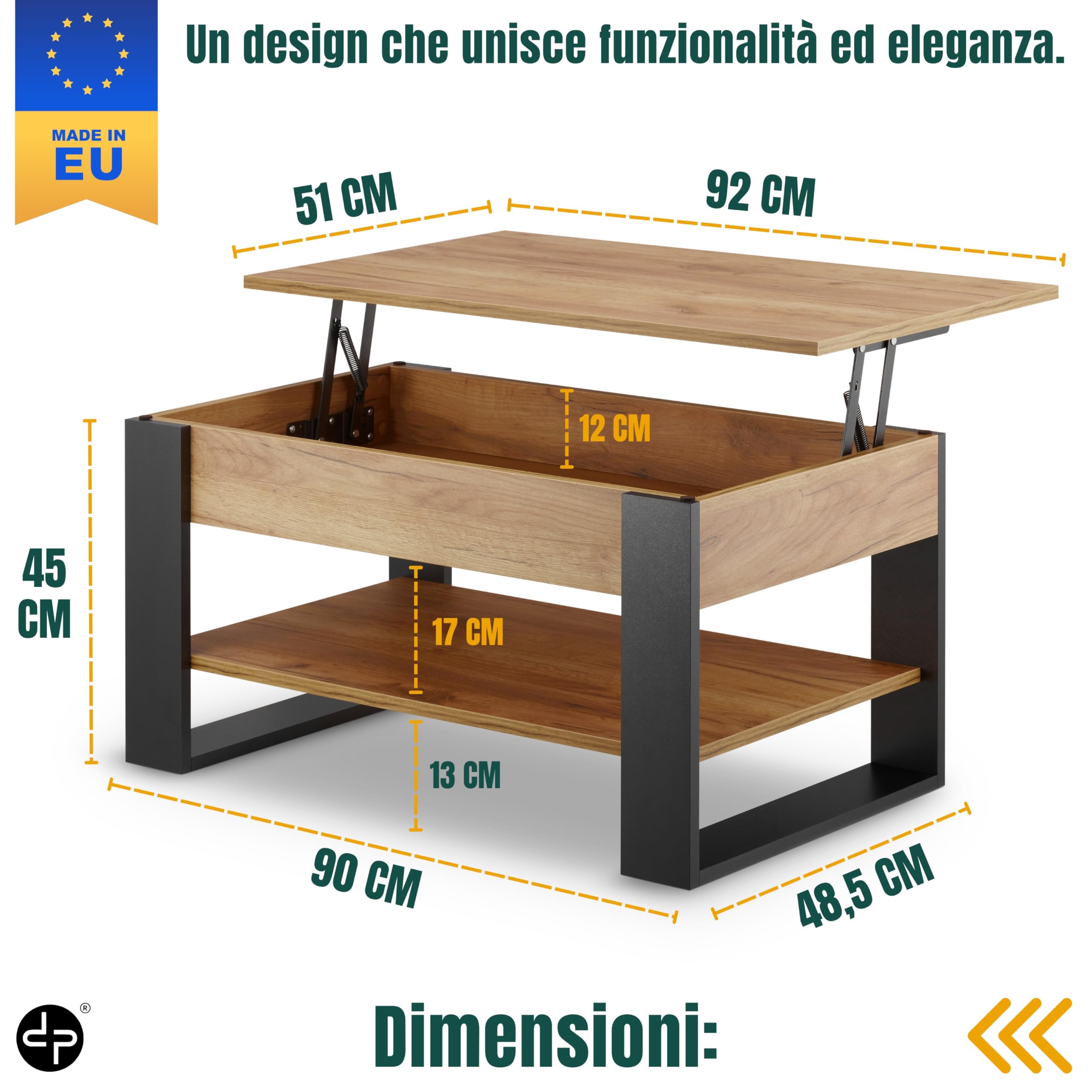 defiPad Tavolino Salotto Sollevabile con Contenitore - Tavolo da Caffè Regolabile in Altezza 45-61 cm - Prodotto nell'UE - Design Moderno Stile Industriale - Coffee Table