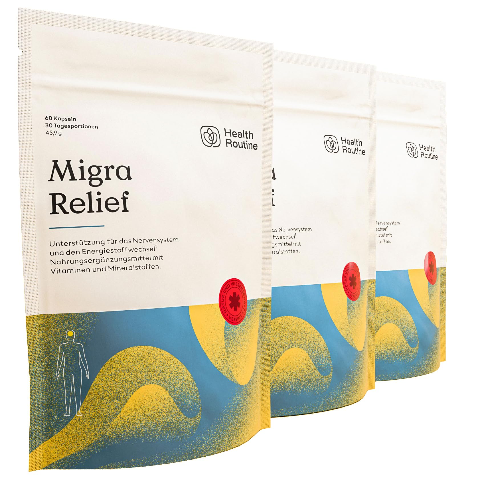Health Routine Migra Relief | Brain Complete Magnesium Komplex – 3er Pack | mit Magnesiumhydroxid, Vitamin B12, B2, B6 & Coenzym Q10 – Energie, Konzentration, Entspannung & Nervensystem