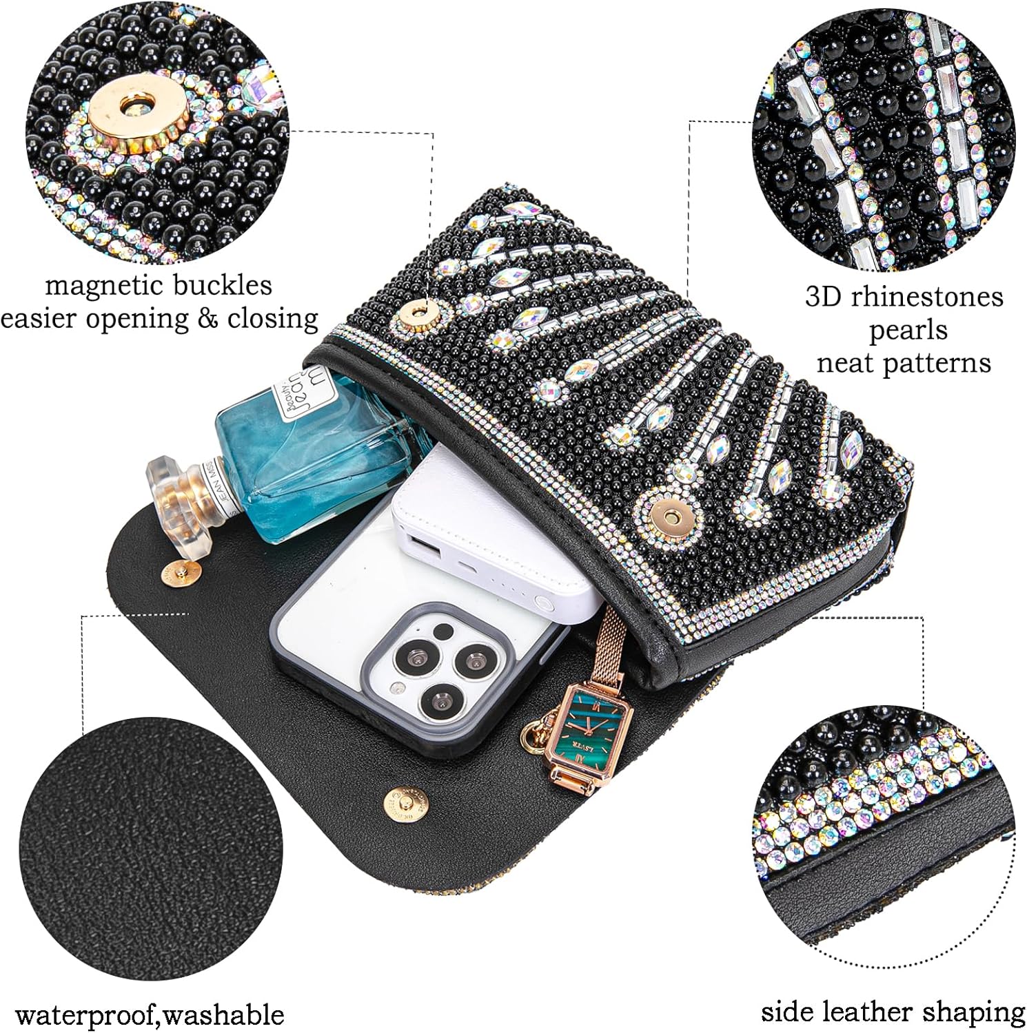 BBTT.ful Pearls and Rhinestones Women's Evening Handbags Shoulder Bags Crossbody Bags for Women Clutch Purse with Chain