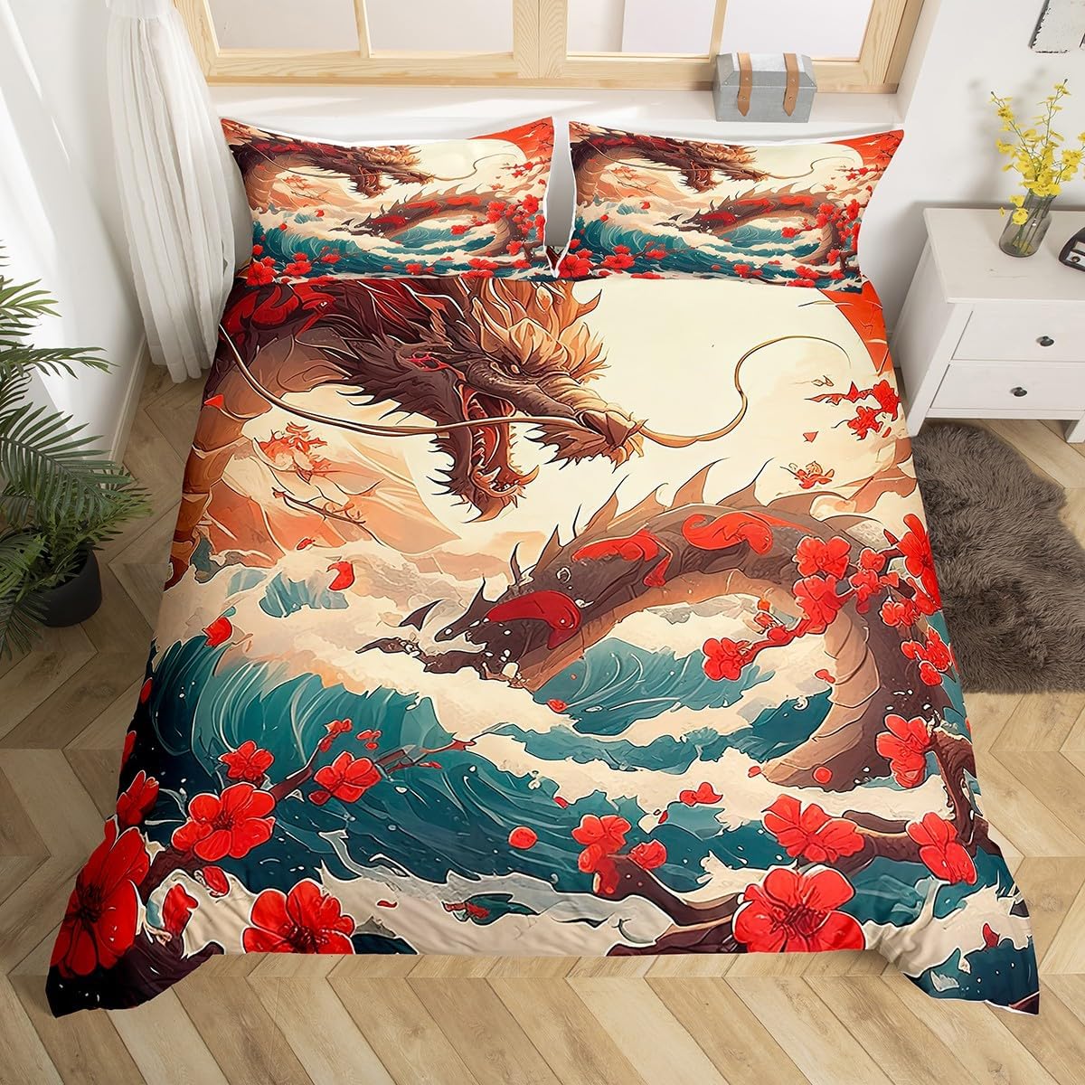 Homewish Sun and Moon Duvet Cover Set Toddler Size,Watercolor Flowers Green Leaves Plant Quilt Cover for Kids Boys Girls Shiny Golden Stars Galaxy Black Bedding Set with 1 Pillowcase,No Comforter
