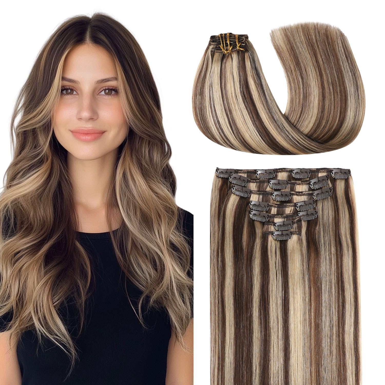 COOKAYU Clip in Hair Extensions Real Human Hair, 16inch 120g 7pcs Natural Human Hair Extensions Clip in Human Hair, 4P27 Medium Brown and Caramel