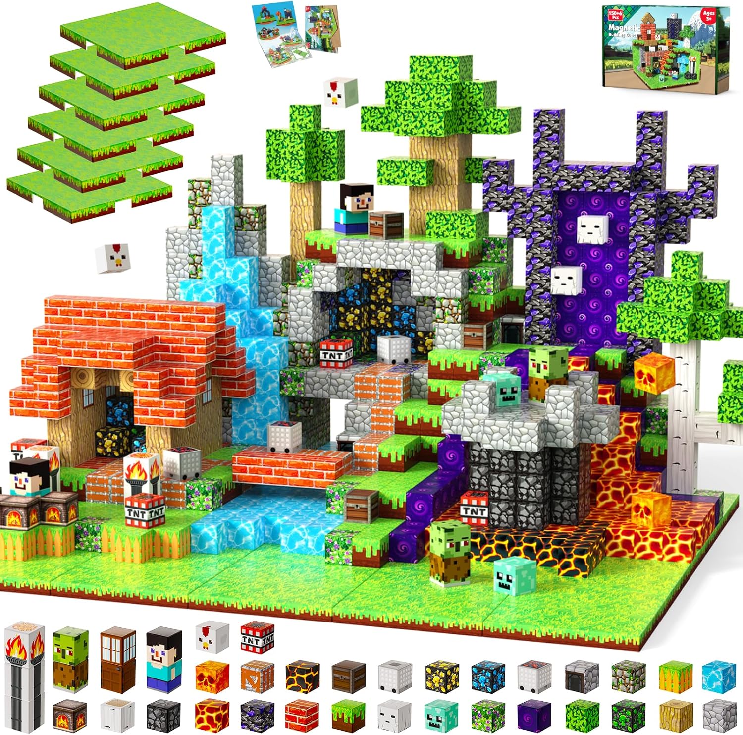 150PCS Magnetic Blocks with 6 Base Plate – Building Blocks Cubes for Kids Ages 4-8, STEM Magnet Building Toys Boys Girls, Christmas Birthday Gifts Preschool Educational Learning Toy for 3+ Years Old