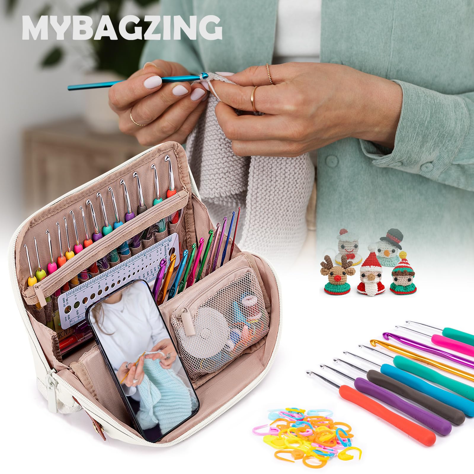 MYBAGZING Leere Häkelnadeltasche – Stand-up-Organizer mit 30 Steckplätzen für Haken und Nadeln, Häkelzubehör-Set für Liebhaber und Anfänger