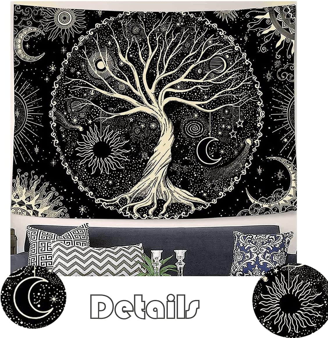 Arawat Tapestry Tree of Life Tapestry Black White Tapestry Moon Sun Tapestry Wall Decor Psychedelic Rug Gothic Tapestry Trippy Tapestry Wall Cloth Wall Hanging Wall Decor (150 x 130cm)