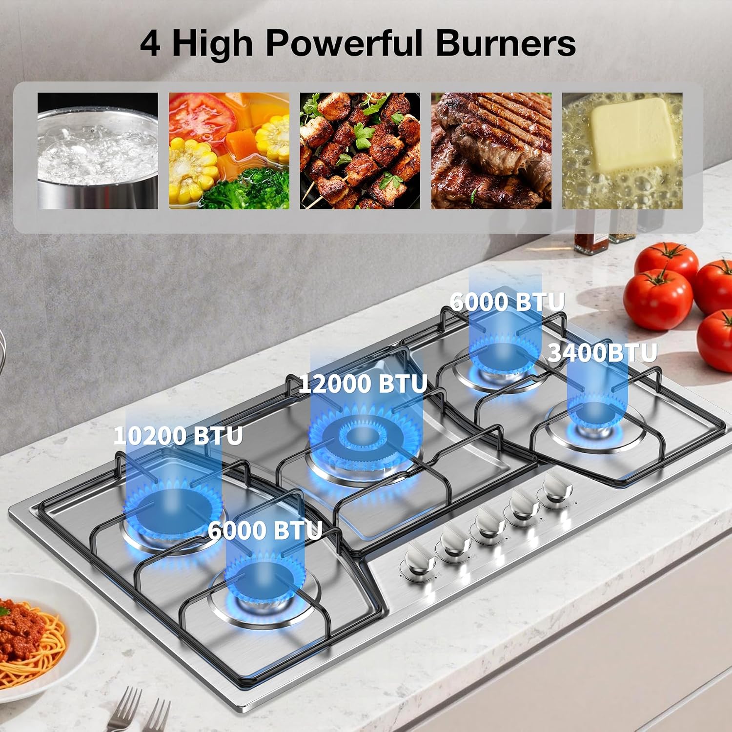 36 inch Gas Cooktop, Gas Stove Top with 5 High Efficiency Burners, Built-in Stainless Steel Propane Cooktop with Thermocouple Protection, NG/LPG Two Conversion