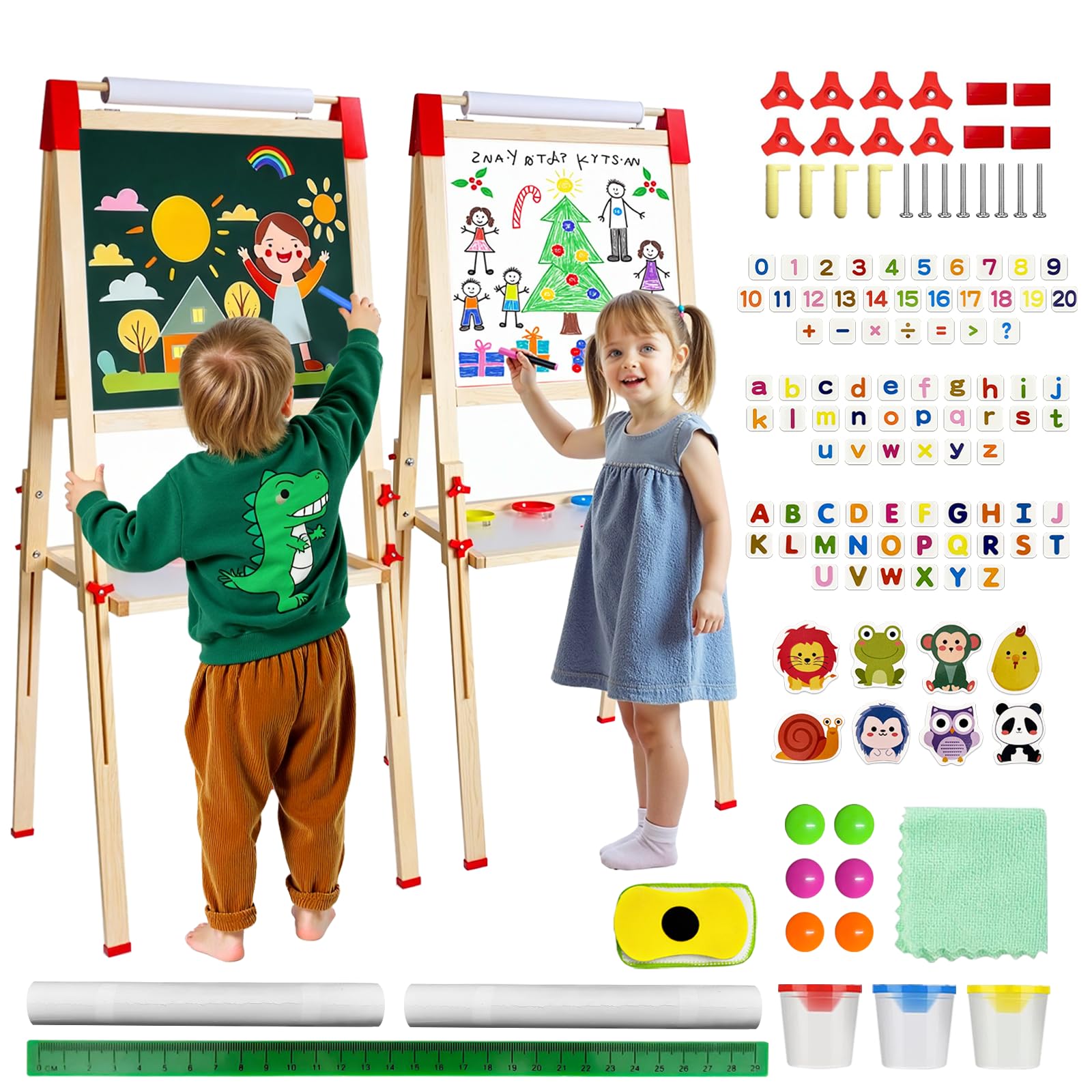 Set de Pizarra Infantil Doble Cara: Pizarra Blanca Infantil con Negro Magnético - Caballete Infantil de Madera Ajustable en Altura - Ideal para Niñas y Niños de 3 a 12 Años (White and Green)