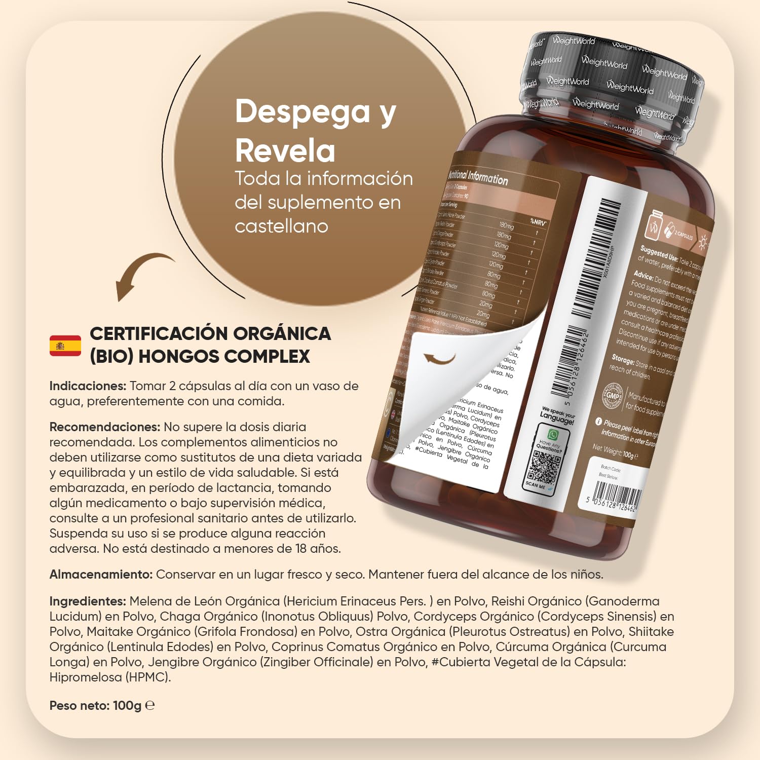 Hongos Complex Bio, 180 Cápsulas de 8 Setas y Hongos como Melena de León, Reishi, Shiitake, Maitake, Chaga y Cordyceps - Mushroom Complex Bio Enriquecido con Jengibre y Cúrcuma para 3 Meses