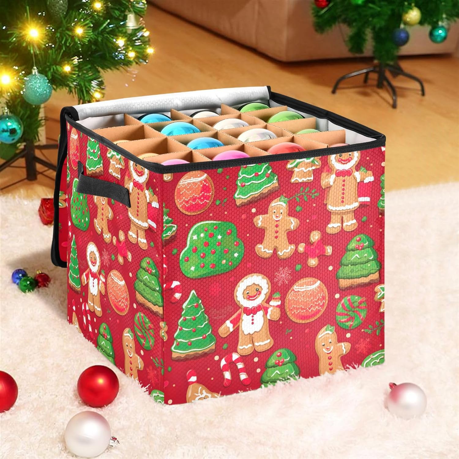 Christmas Gingerbread Tree Christmas Ornament Storage Box for Next Season Holiday Decorations Storage Container with Adjustable Dividers & Lid Lidded Storage Bins for Ornaments Balls Decor Organizing