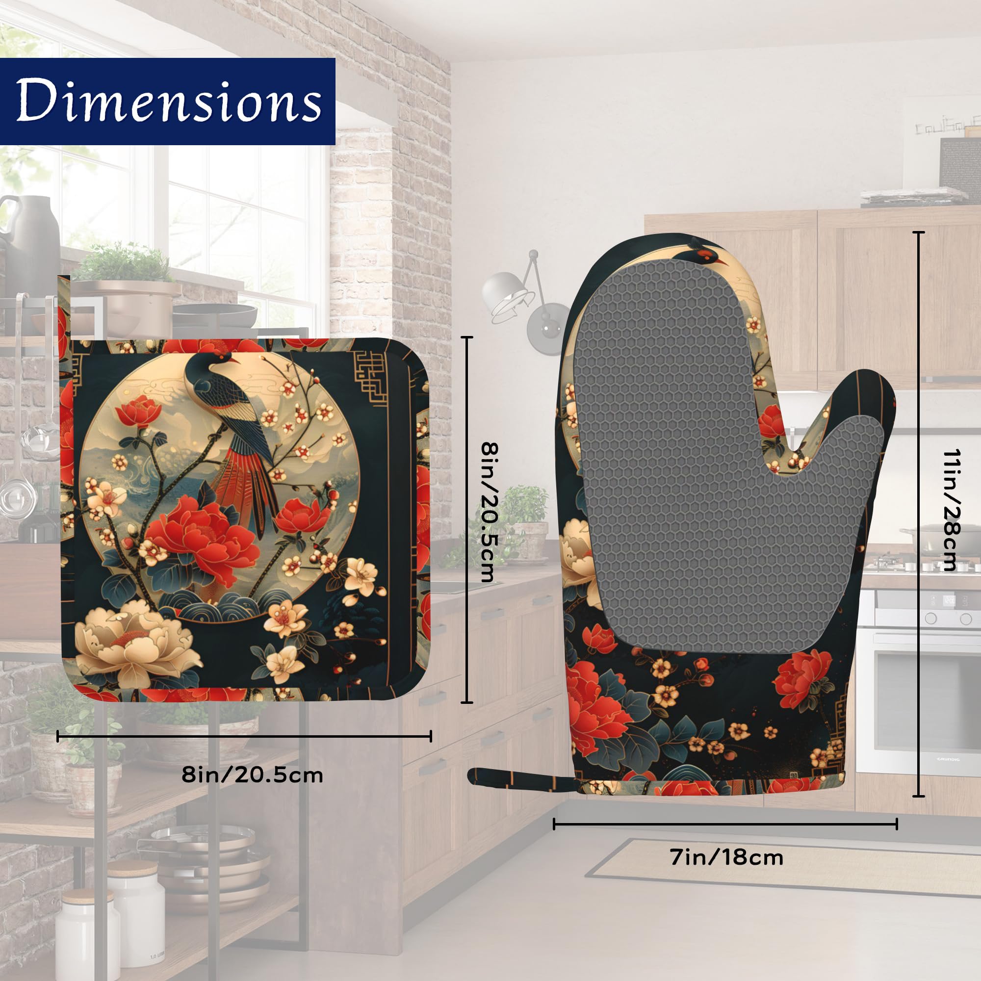 Lot de 4 maniques et maniques en silicone motif grue japonaise rétro - Accessoires de cuisine - Résistants à la chaleur - Antidérapants - Pour chef cuisinier - Cadeaux pour homme et femme