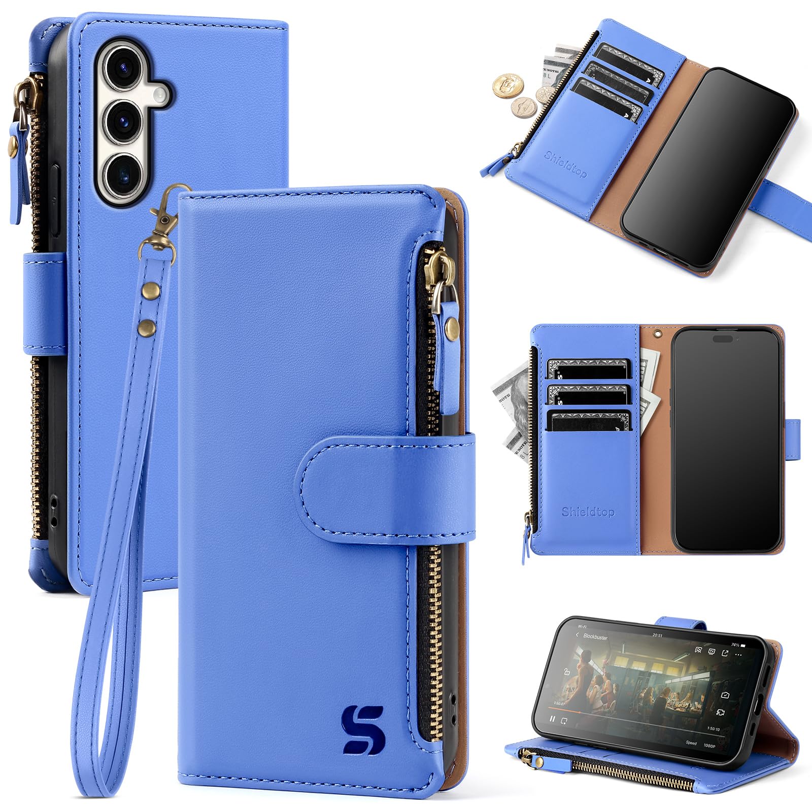Shieldtop for Samsung Galaxy S23 FE 5G Wallet Case with Card Holder,Women Men RFID Blocking PU Leather Flip Cover Wrist Strap Zipper Credit Card Slots