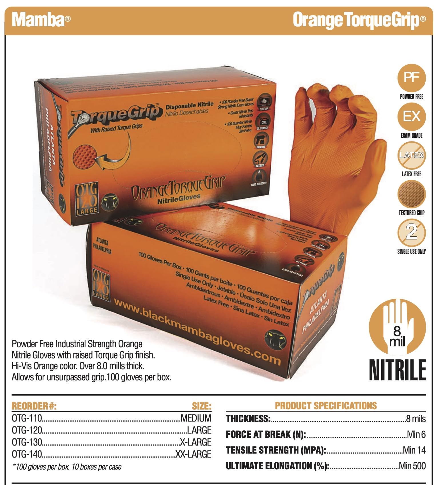 BLACK MAMBA Orange Torque Grip Gloves—8-mil - Diamond Texture & Industrial Nitrile Gloves - Heavy Duty & Disposable Mechanic for Automotive & Plumbing (XL)