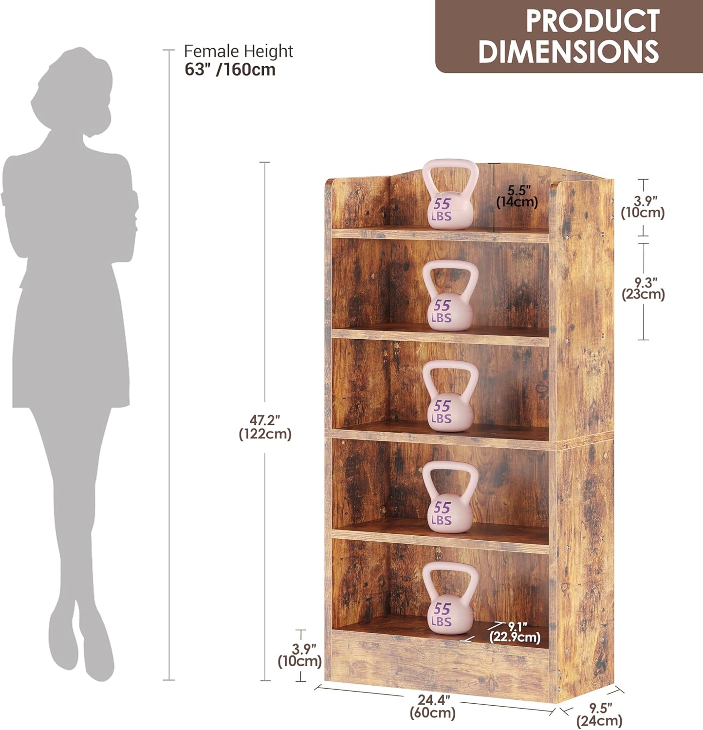 ALISENED 5-Tier Bookcase, Open Bookshelves and Bookcases with Storage Shelves, Floor Standing Unit, Display Storage Shelves for Bedroom Library Living Room Home Office, Brown