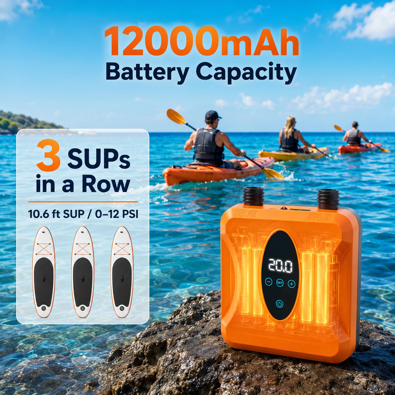 SUP Pumpe Elektrisch Wiederaufladbar 20 PSI, Akku Paddle Board Pumpe mit Auto Stopp und Digitalanzeige, 12000mAh SUP Kompressor für Stand Up Paddle Board, Kajak, Schlauchboot, Luftmatratze