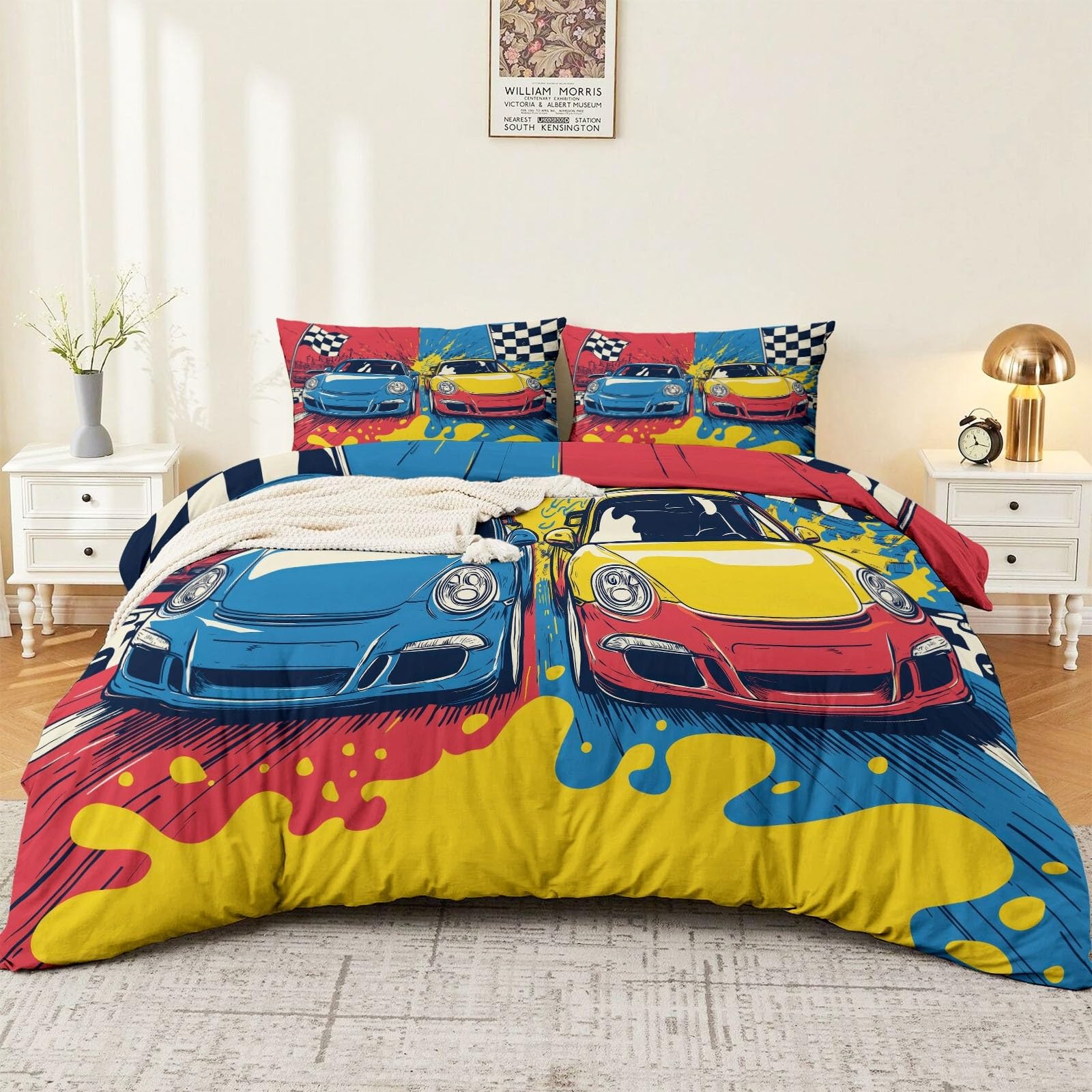 Housse de couette sports courses jaune parure de lit 240 x 260 cm taies d'oreiller microfibre imprimée