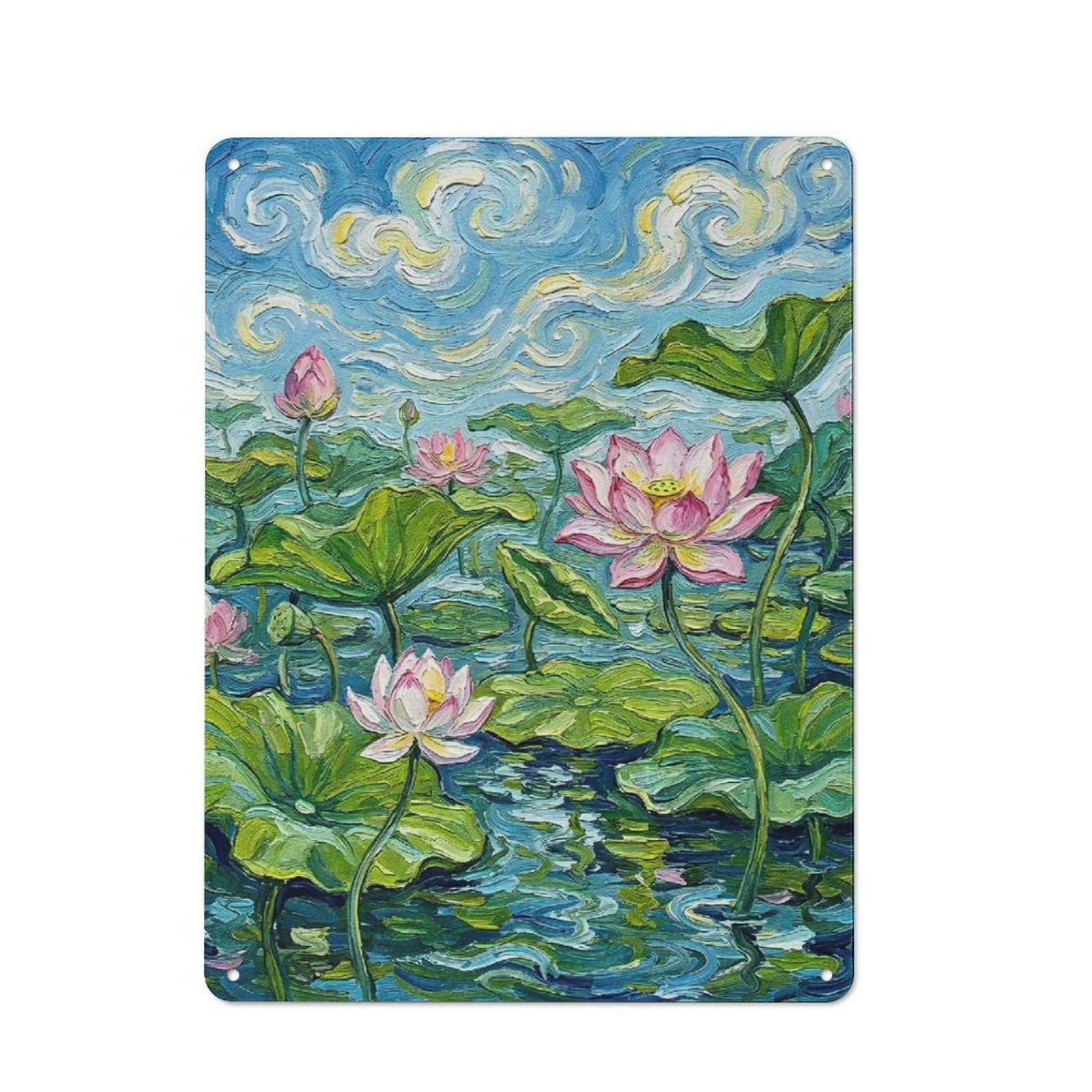 Junmoney Style-8 Tin Wall Sign With Lotus Pond Impressionist Painting Design 40X30cm, Cosy Cafe Wall Decor For Kitchen, Cafe, Pantry Or Dining Room