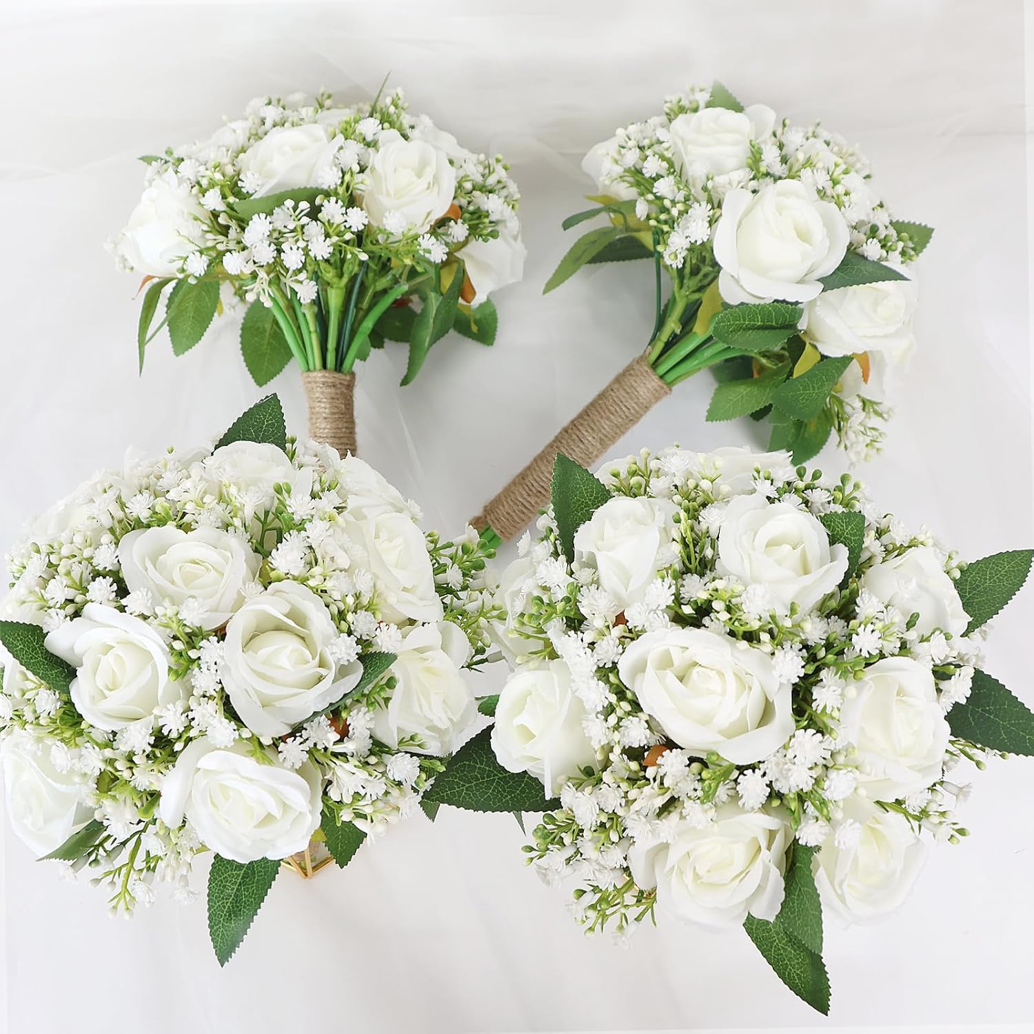 Artificial Bridesmaid Bouquets Set of 6 for Wedding - 7 inch White Flowers Bouquets for Bridesmaids, Faux Rose Gypsophila Rustic Small Floral Bouquet Fake Boho Wedding Party Ceremony Anniversary Decor - Image 9