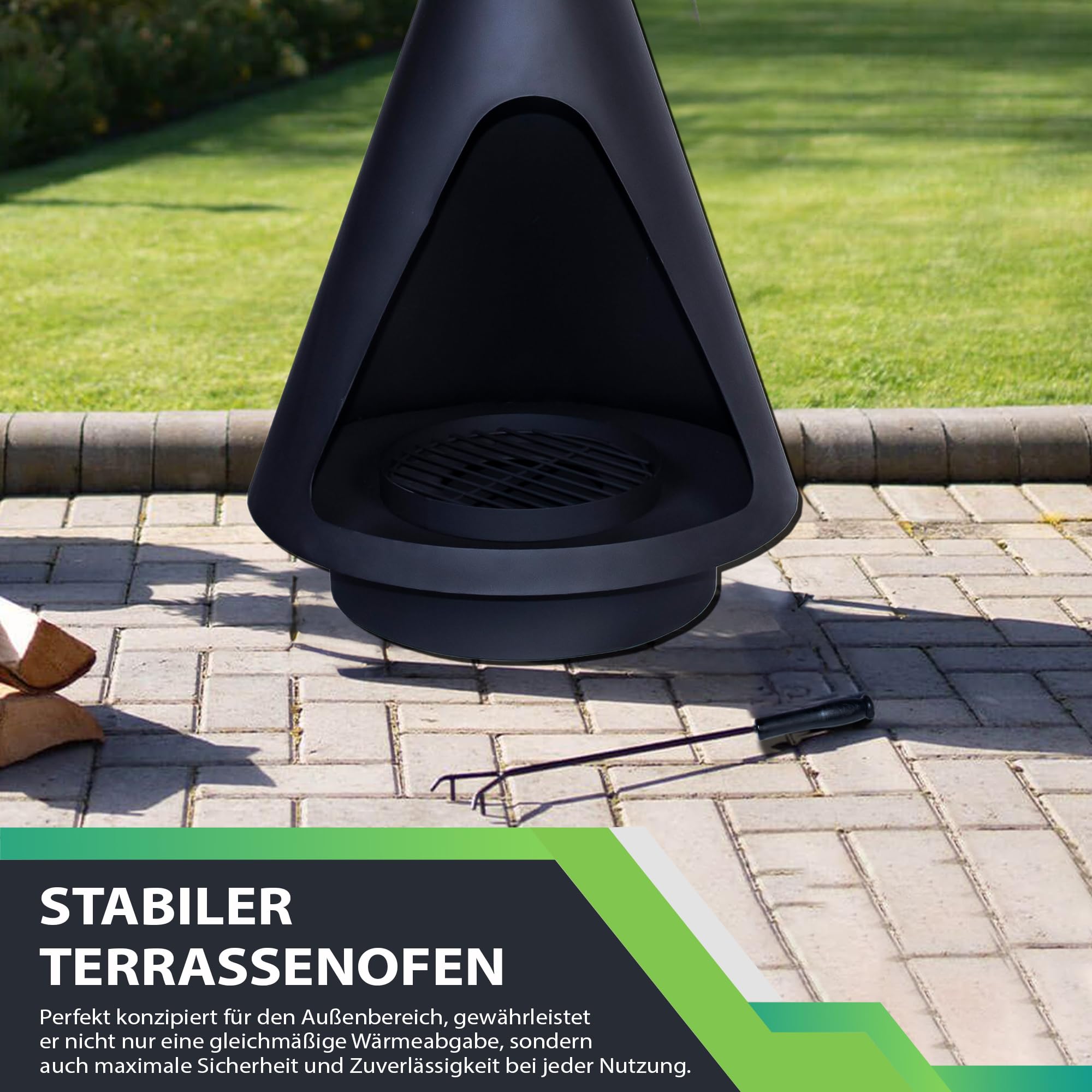 DRULINE- Gartenkamin. 143 cm hoher Grillkamin, aufgebaut als Dreibein Grill mit integrierter Feuerschale. Die Pyramide ist hervorragend als Terrassenofen geeignet.