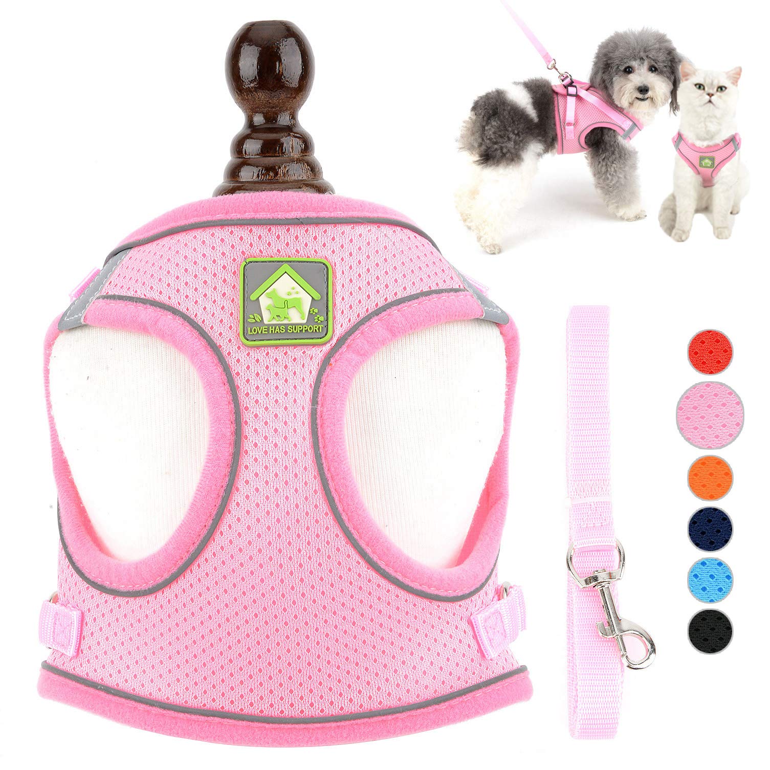 Ranphy Escape Proof Small Dog Harness and Lead Set Adjustable Puppy Cat Step in Mesh Vest No Pull 3M Reflective Solid Color Soft Breathable Pet Harnesses for Walking Outdoor Training Pink L