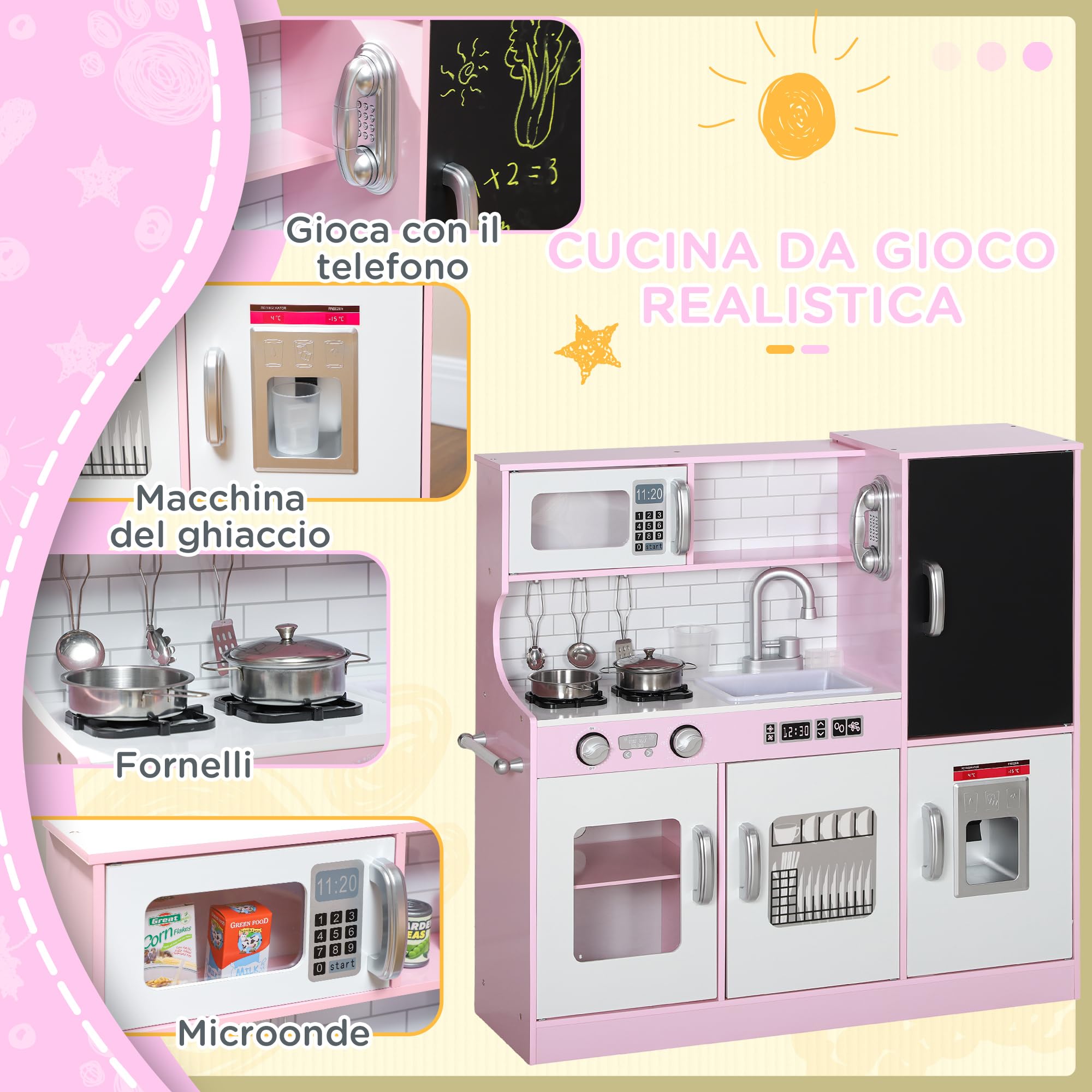 AIYAPLAY Cucina Giocattolo per Bambini, Cucina in Legno per Bambini, Cucinetta Giocattoli con Fornelli, Microonde, Macchina del Ghiaccio, Lavandino, Pentole e Accessori, 3-8 Anni, 84x27x81 cm, Rosa
