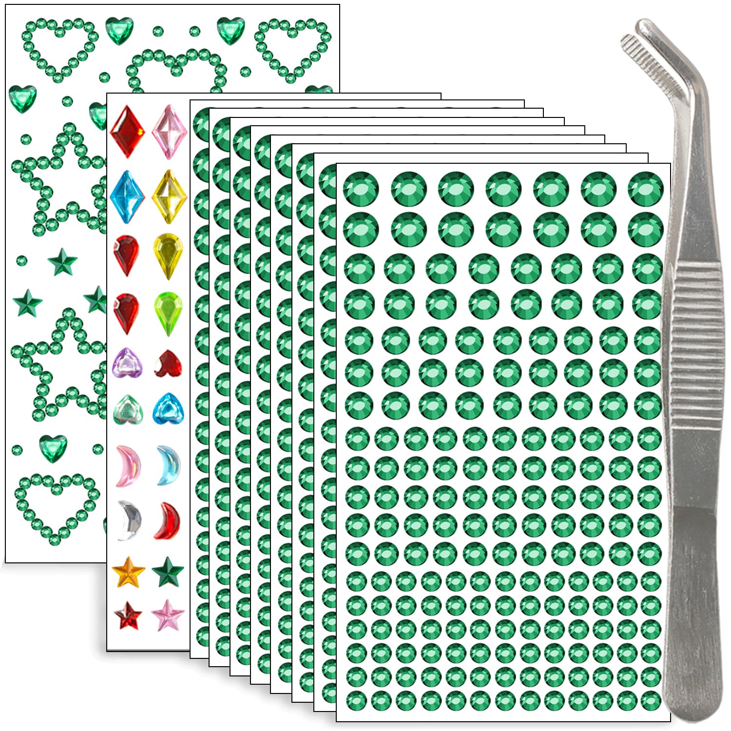 NIACONN 1760 Pcs Dark Green Face Gems Jewels Self-Adhesive Rhinestones | Sparkle Hair Jewel Rhinestone Sticker Bling Acrylic Diamonds Glitter Gems Stick on Face Body Festival Halloween Rave Makeup