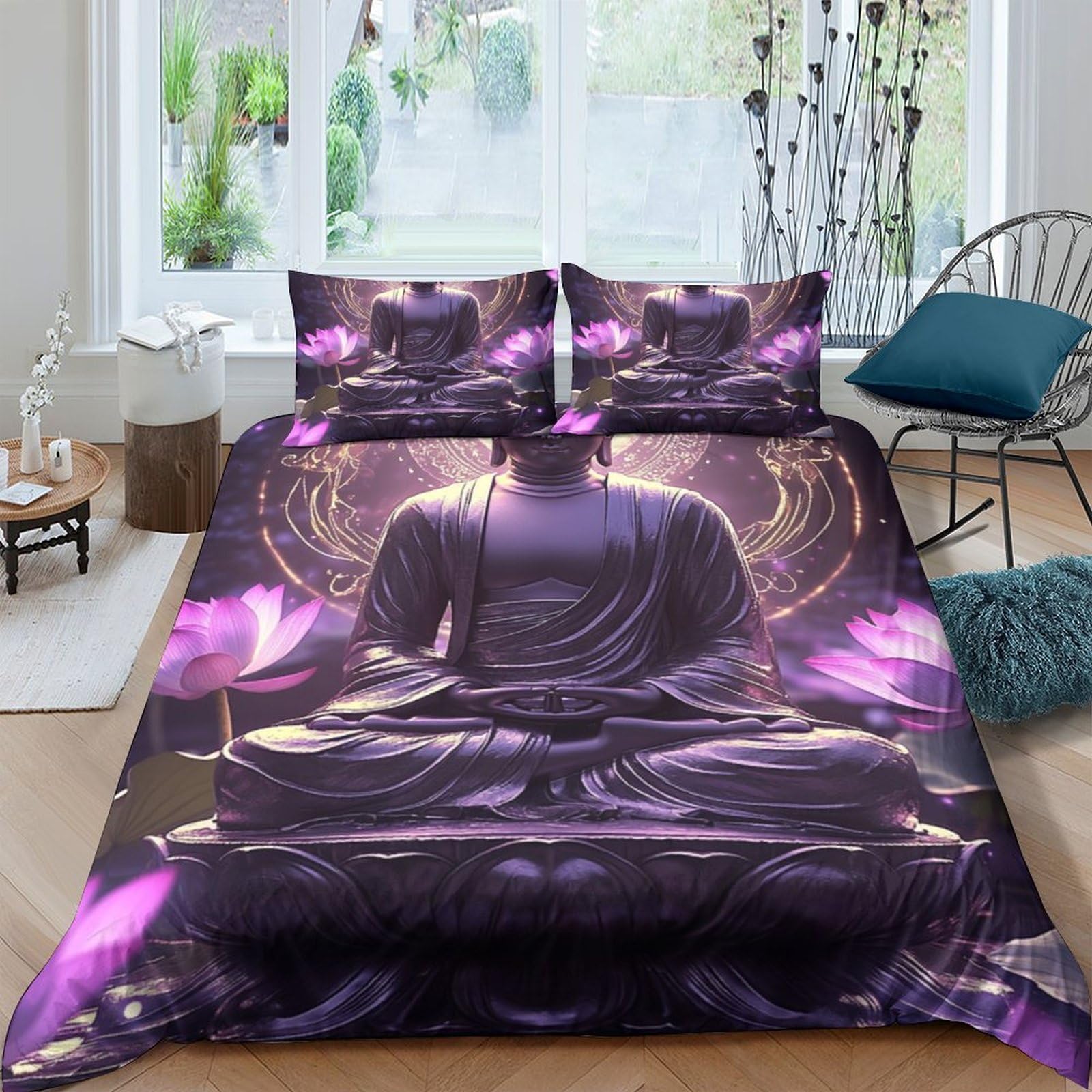 Ctjqhvkz Style-4 3D Printed Buddha Meditation Fitted Sheet Microfiber Purple Lotus Bed Cover For Bedroom Dorm Mattress Protection Decor Single（135X200cm）