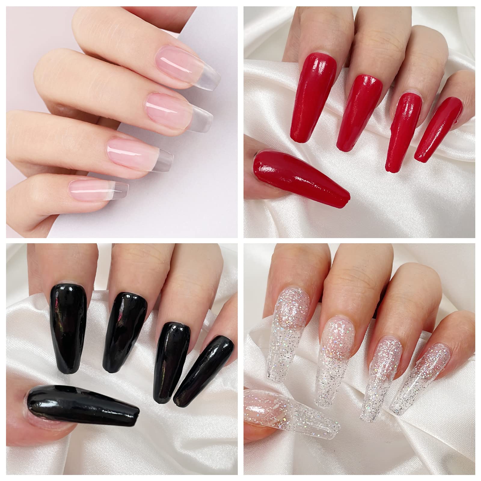 Lofuanna Polvo de Inmersión de Uñas Kit-4 Colores Transparente Negro Rojo Purpurina Polvo de Inmersión con Base Top Coat Activador,No Necesita UV/LED,Set de Manicura DIY para Principiantes