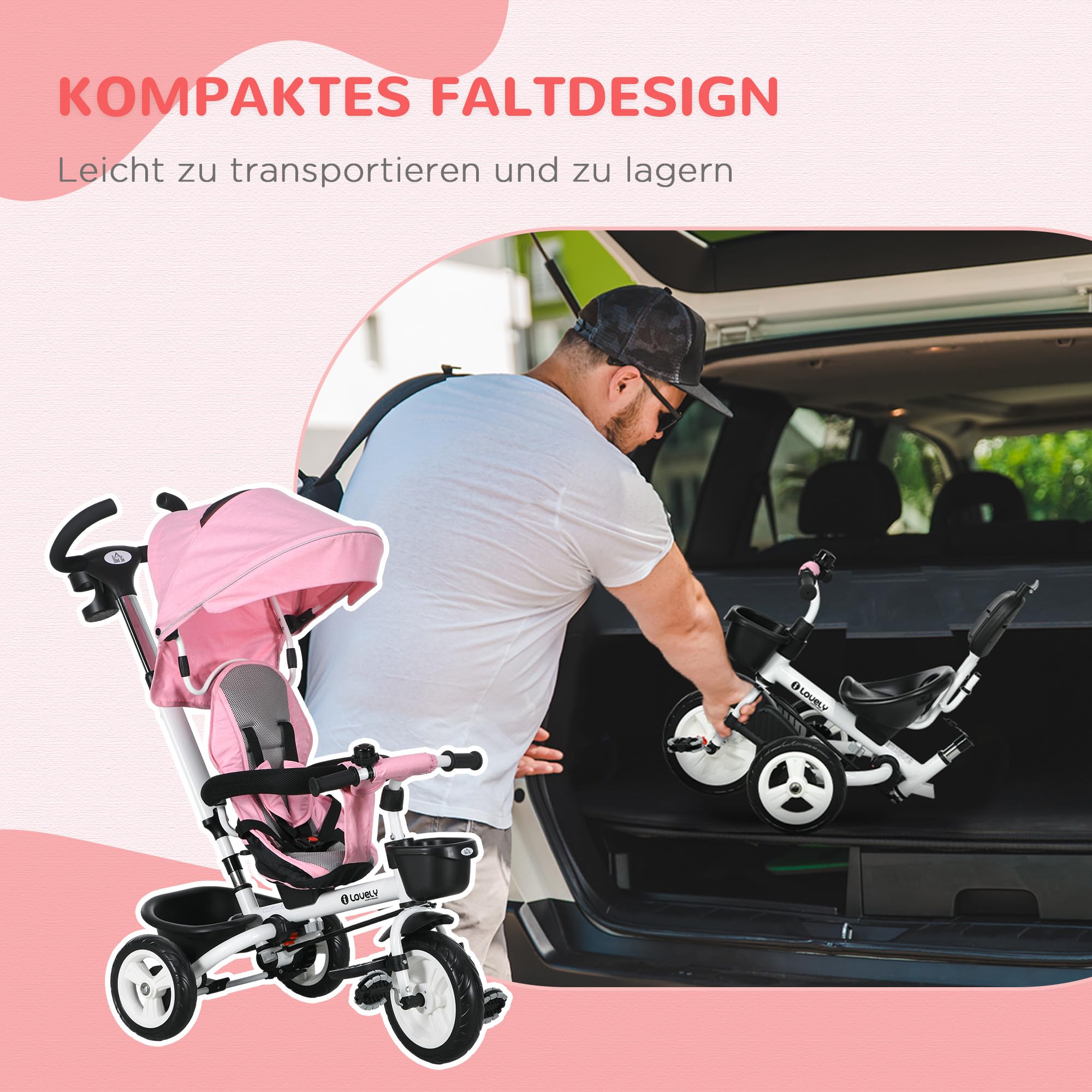 Tricycle enfant 6 en 1 avec barre de poussée, capote, harnais et panier