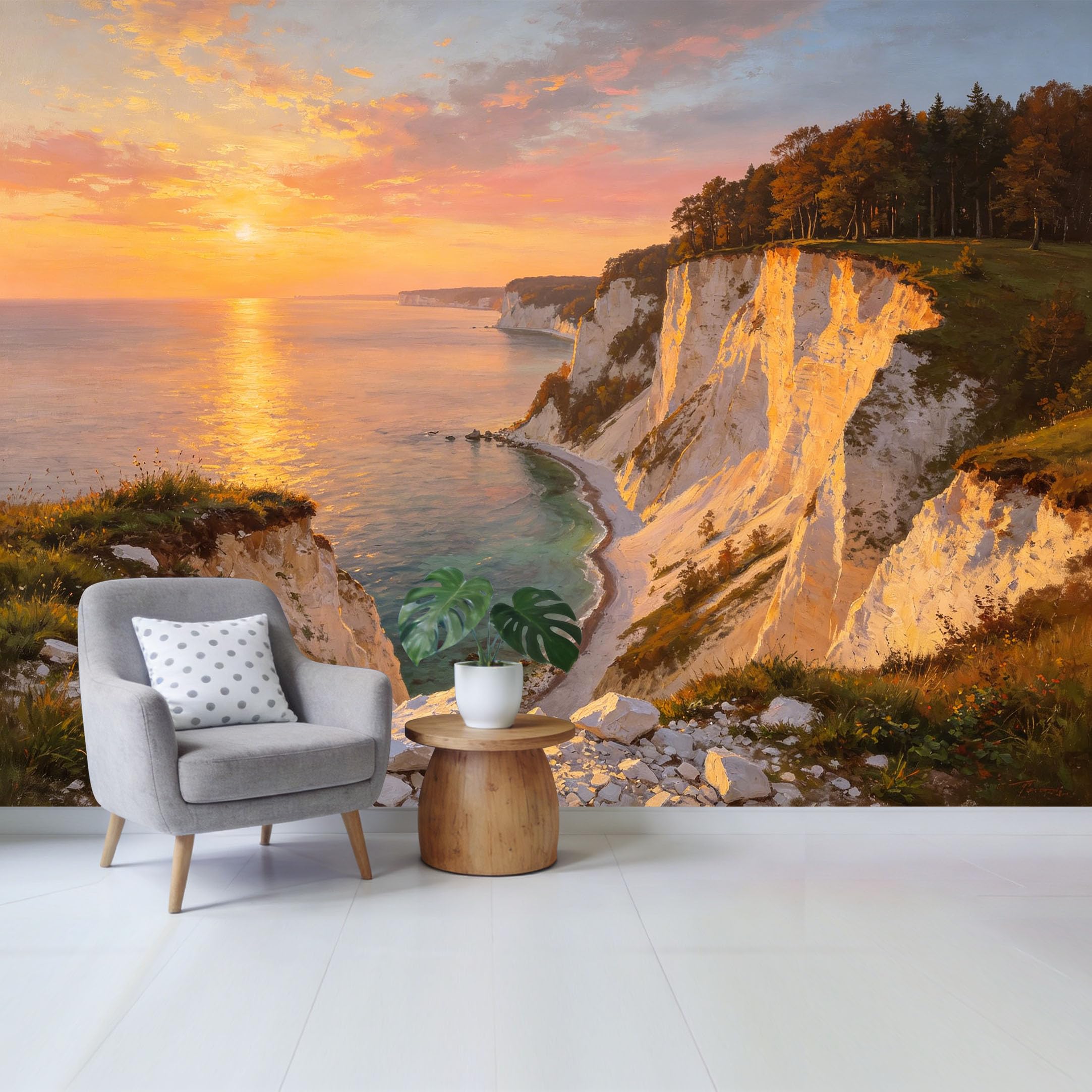 Custom Size Wall Mural Coastal Sunset Cliff View Ocean Landscape Removable Self Adhesive Fabric Home Wall Decor for Living Room Bedroom Bathroom