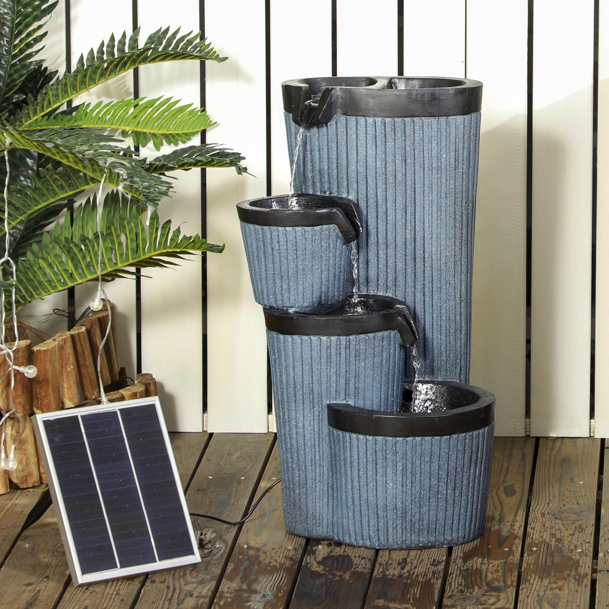 Outsunny Gartenbrunnen, Solar Springbrunnen, Wasserbrunnen mit LED-Beleuchtung, 4 stufiger Zierbrunnen mit Blumenkasten für Garten, Balkon, Kunstharz, 33 x 30 x 57,5 cm