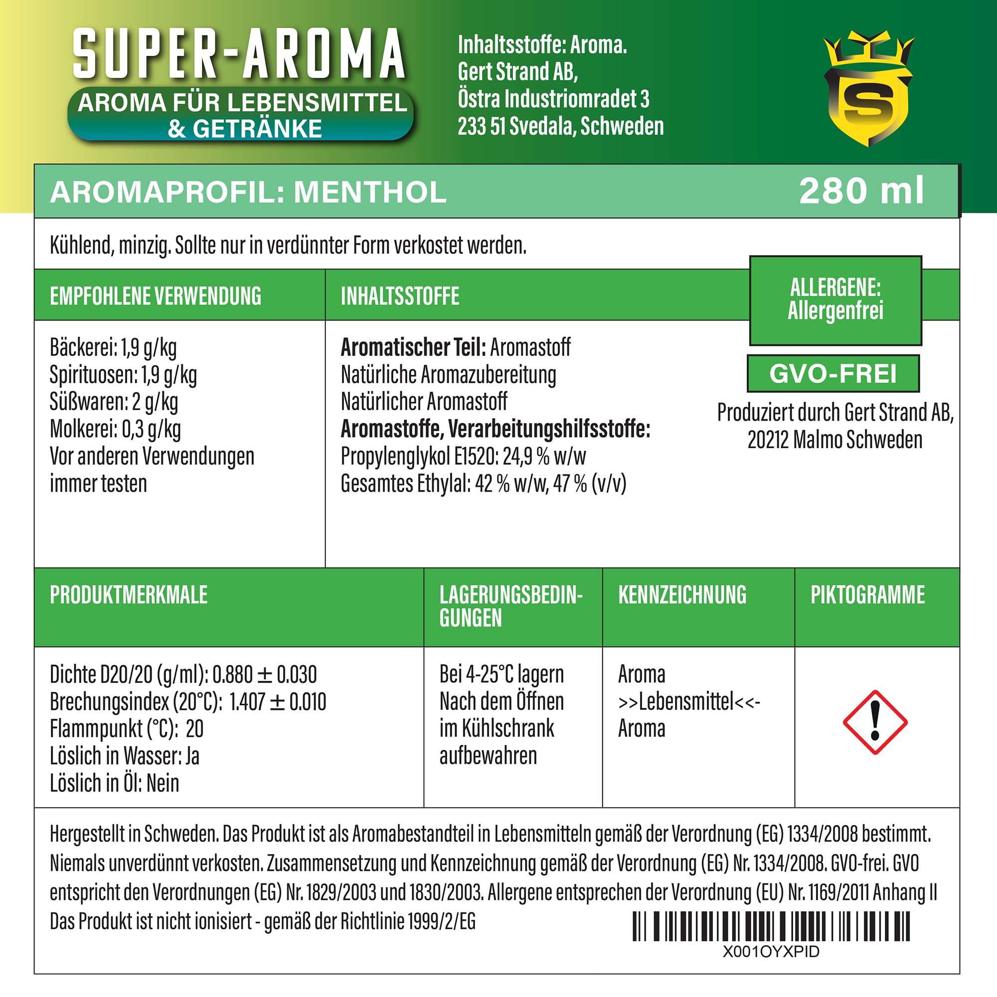 Menthol Konzentrat 280 ml | Super Aroma für Lebensmittelindustrie & Enthusiasten | Lebensmittelaroma | Backaroma | Aromatropfen