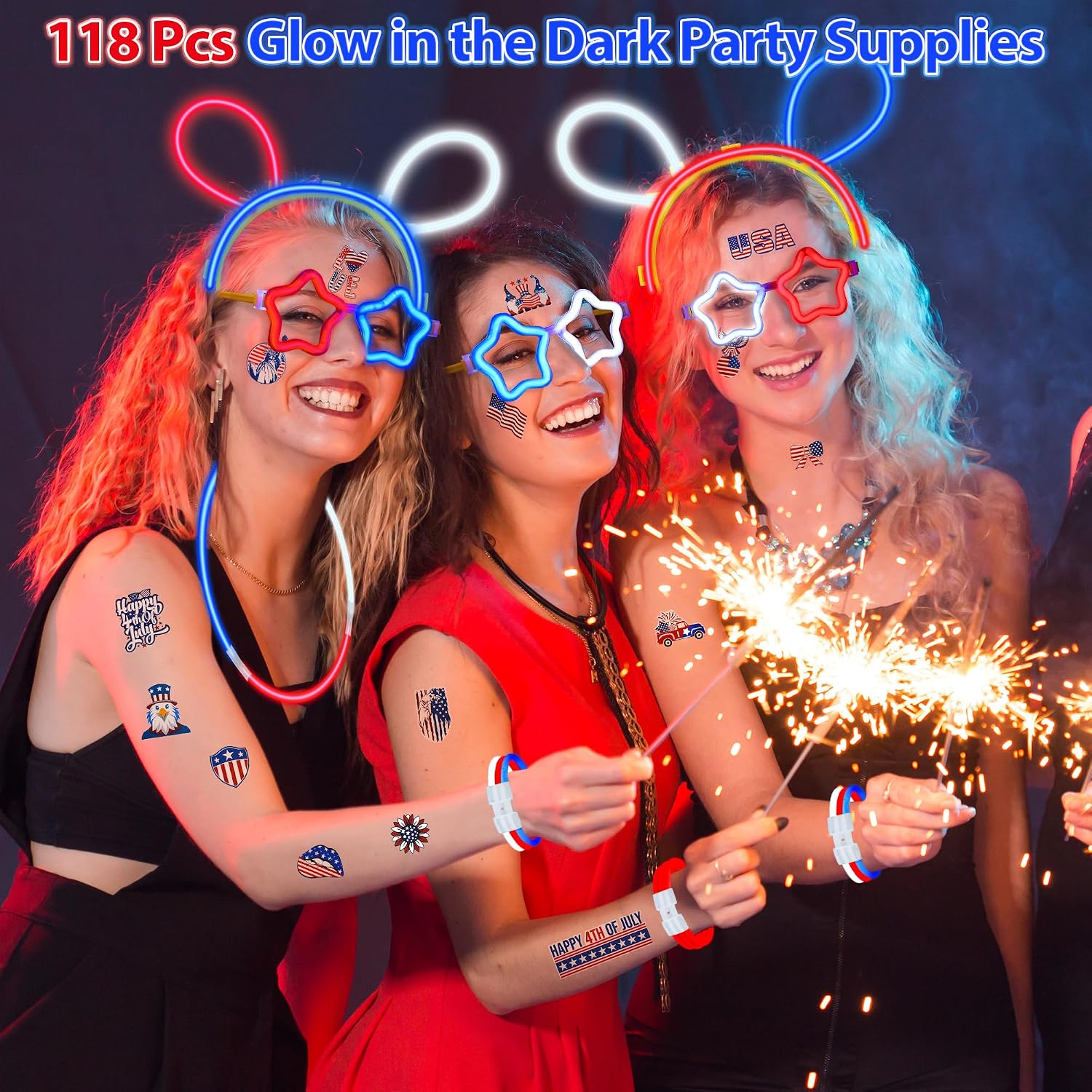 118 Pcs 4th of July Accessories, Glow Sticks Bulk Party Pack, Red White Blue Glow Sticks with Star Glasses Headbands Patriotic Tattoos for Independence Day, 250th Anniversary