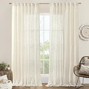 LAMIT Extra Wide Linen Curtains for Bedroom, Natural Cream Ivory Light Filtering Faux Linen Textured Panels Semi Sheer Back Tab and Rod Pocket Boho Drapes for Living Room, 2 Panels, 60 x 84 Inch
