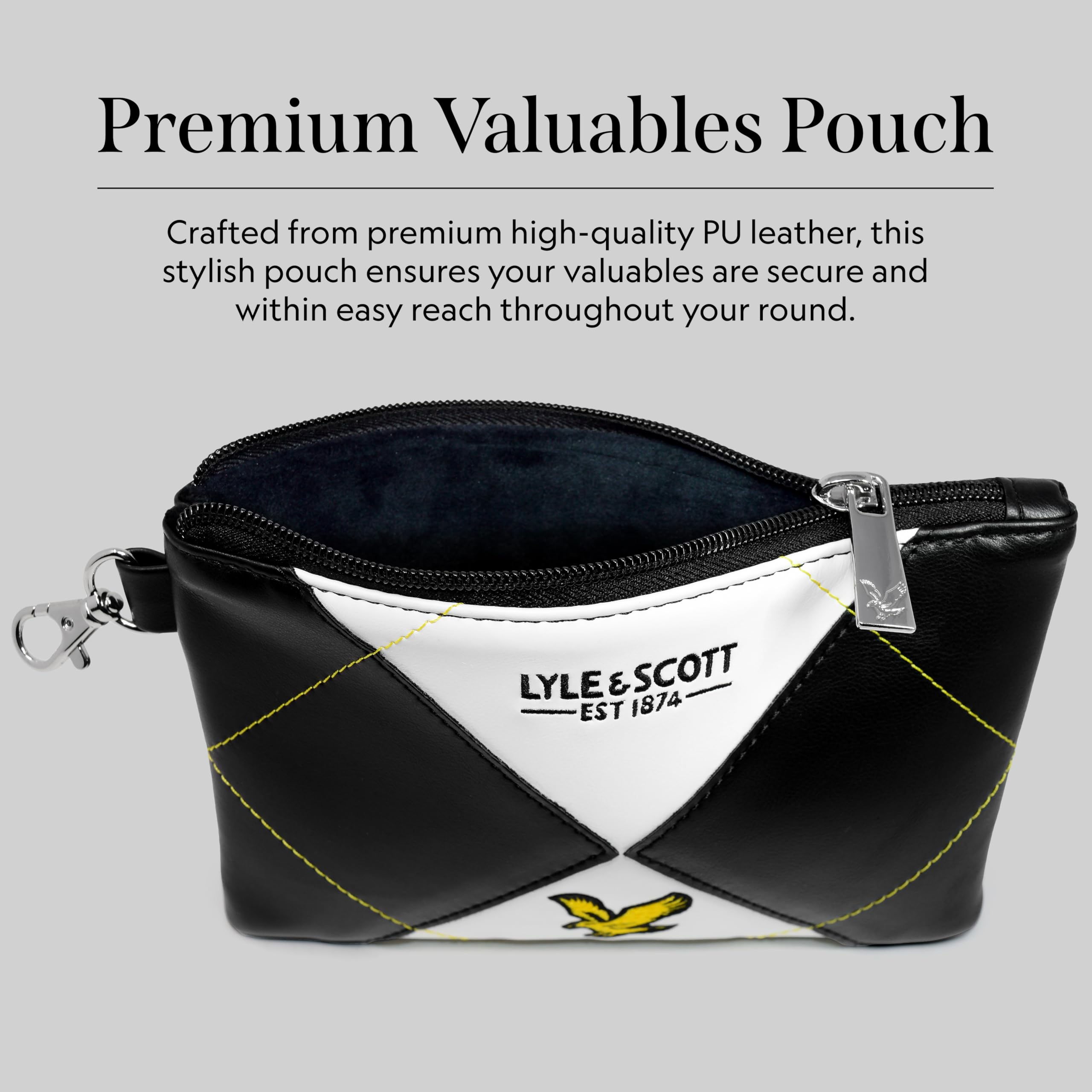 Lyle & Scott Argyle Premium Valuables Pouch - Pitch Perfect Golf Gifts for Men - Lussuosa pelle con cerniera con fodera in velluto, portafoglio per carte, marcatore per palline da 32 mm - Accessori da