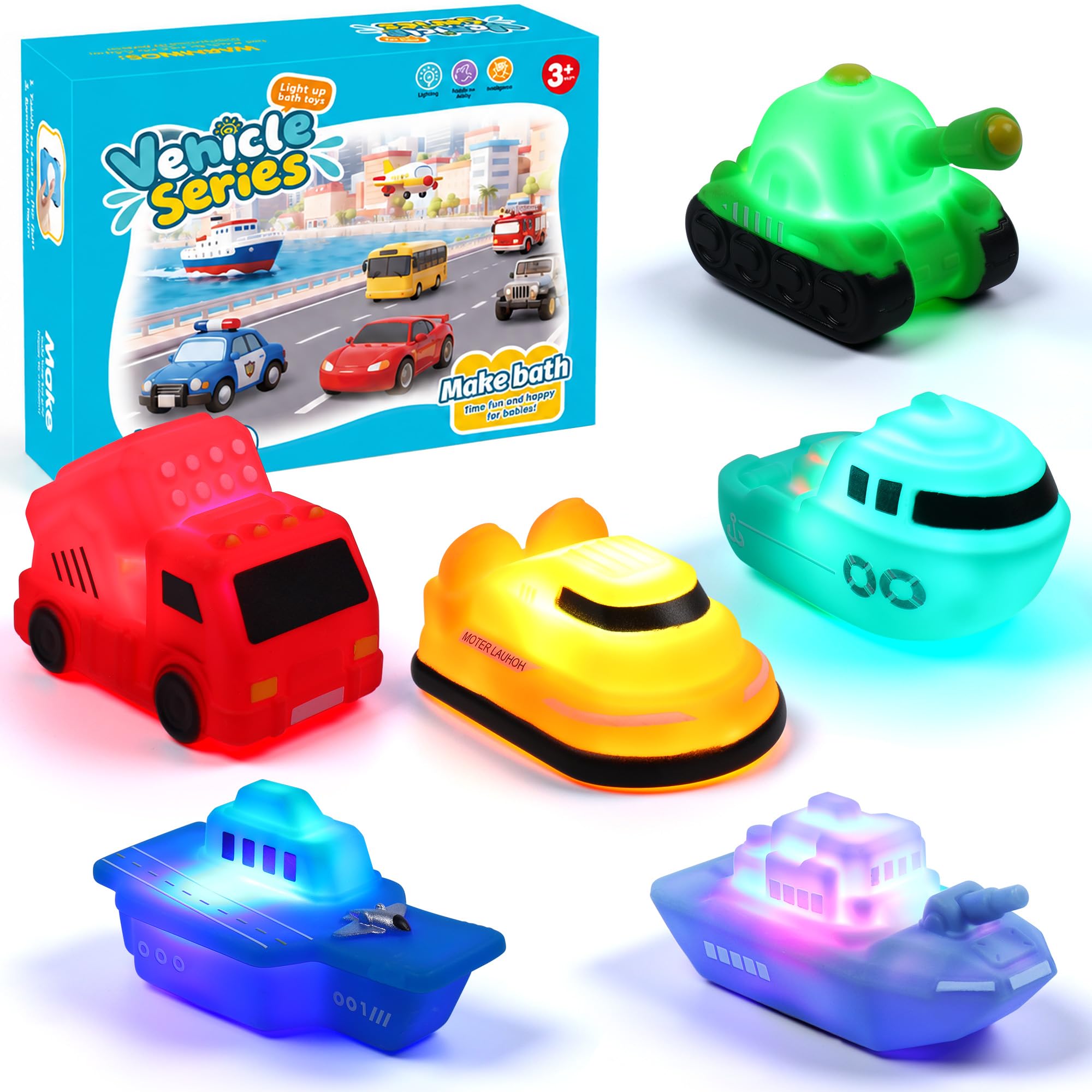 6Pack Light Up Bath Toy LED Sensory Army Military Vehicle Toy for Toddlers