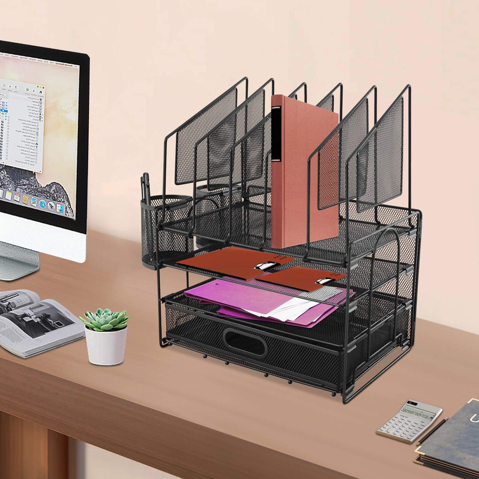 Organizer da scrivania con cassetti, in metallo, con 2 portapenne, in rete rimovibile, con 5 scomparti verticali, per scuola, casa, ufficio, ufficio, 32,6 x 22,8 x 41 cm (nero)