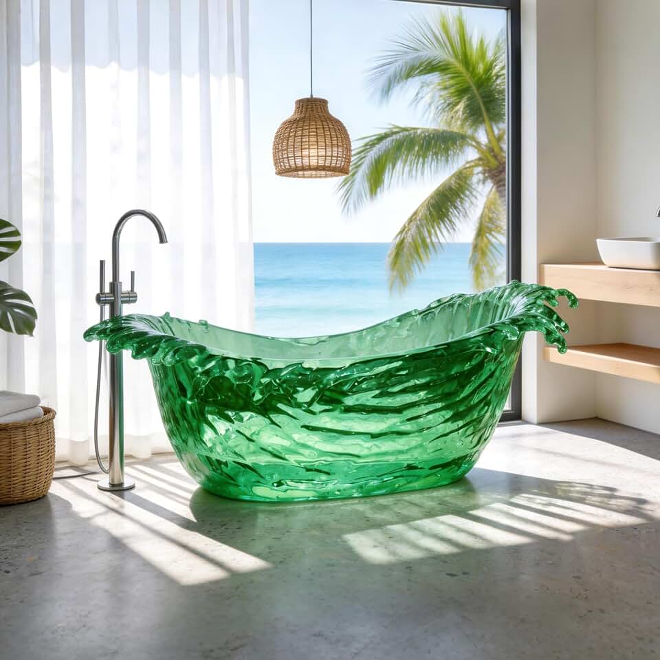 CHETTO C Transparent Freestanding Bathtub Soaking Tub Solid Hybrid Crystal Material Splash-Resistant Green Water Ripples Center-Mounted Drain 79"L x 39"W x 37"H