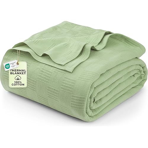 Utopia Bedding Sage Green 100% Cotton Blanket [Queen Size - 90x90 Inch] 350GSM Lightweight, Soft and Breathable Thermal Blanket for All Seasons
