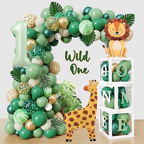 Amandir 115 cajas de globos de decoración de cumpleaños Wild One, kit de arco de guirnalda de globos verde salvia dorado número 1 hojas artificiales Amandir 115 cajas de globos de decoración de cumpleaños Wild One, kit de arco de guirnalda de globos verde salvia dorado número 1 hojas artificiales