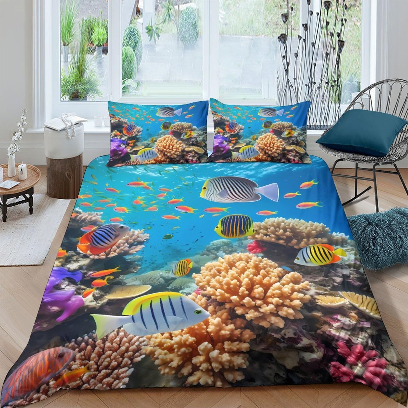 Ctjqhvkz Style-5 3D Printed Ocean Coral Fitted Sheet Microfiber Soft Underwater Reef Bed Cover For Bedroom Guest Room Decor Single（135X200cm）