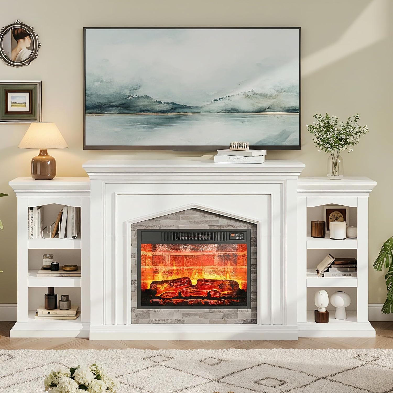 LGHM 80" Fireplace TV Stand for TVs Up to 90 Inch, Electric Fireplace with Mantel, Modern Entertainment Center with Storage, Realistic Stacked Stone Surround and 3D Flame Effect for Living Room