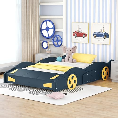Miniatura 3 de Polibi Cama de plataforma en forma de auto de carreras de tamaño matrimonial con ruedas de almacenamiento y decorativas, marco de cama matrimonial
